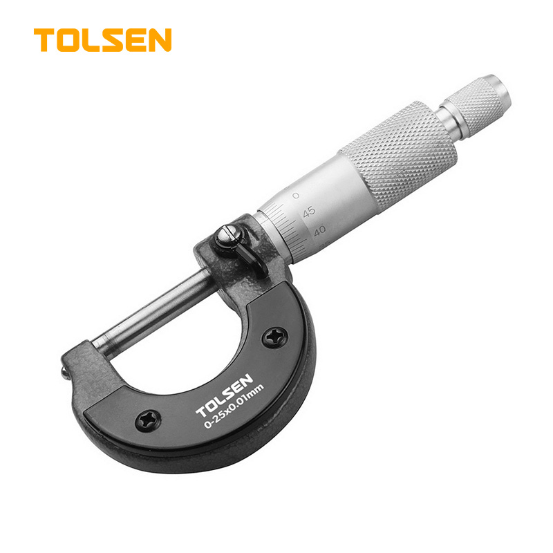 TOLSEN 35055 Micrometer, 0-25mm, Accuracy 0.01mm, Carbide Measuring Face, Chrome-Plated Frame, Ratchet Stop, Includes Case | Model: 35055