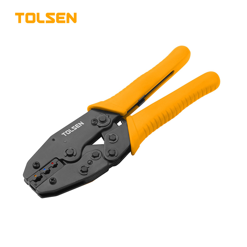 TOLSEN 38056 Ratchet Crimping Pliers | 8.7" (220mm) | For Insulated Terminals DIN 0.5-6mm² / AWG 22-10 | Carbon Steel | PVC Grips | Model: 38056