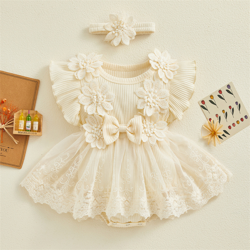 Baby Girl Flower Lace Tulle & 3D Floral Design Romper Dress with Headband (0 to 18 Months)_img_5