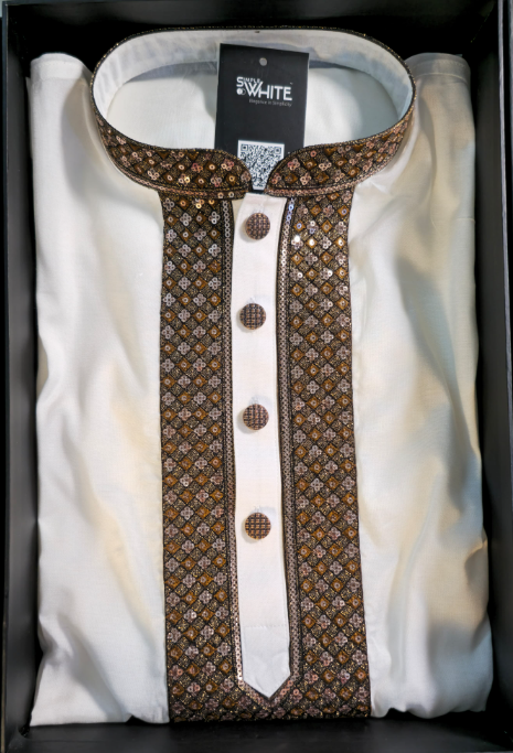 Men’s White Panjabi with Brown Embroidered Placket & Collar – Traditional Festive Wear by Simple White (Punjabi BDT 9,490 + Pajama BDT 2,500)_img_1