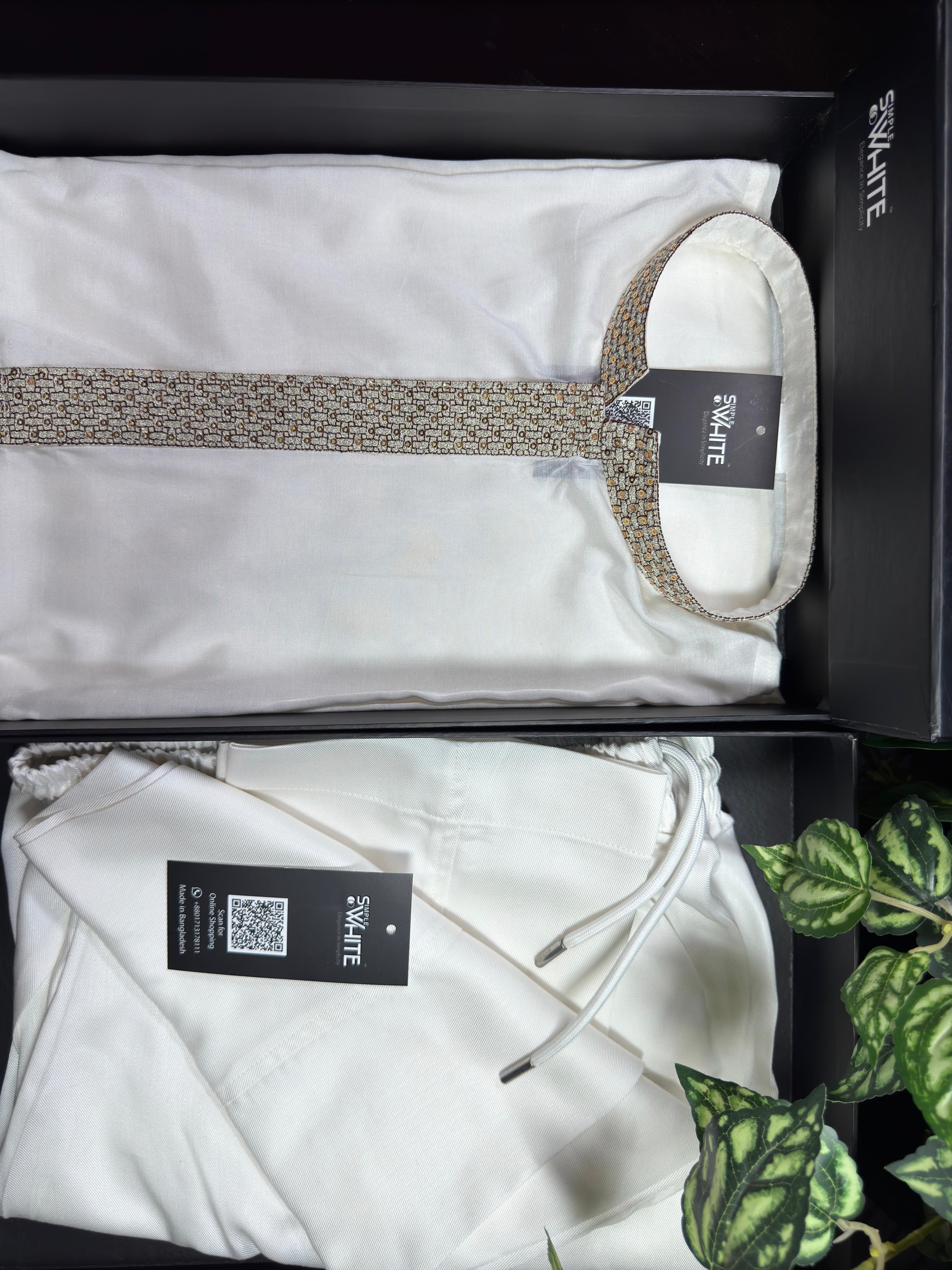 Men’s Off-White Panjabi with Woven Pattern Placket & Collar – Subtle Festive Wear by Simple White (Punjabi BDT 4,990 + Pajama BDT 2,500)_img_1