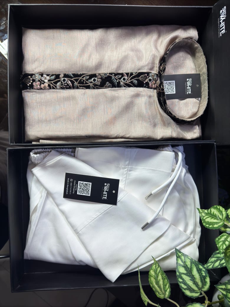 Men’s Light Beige Panjabi with Black Floral Embroidered Placket & Collar – Festive Wear by Simple White (Punjabi BDT 4,990 + Pajama BDT 2,500)_img_1