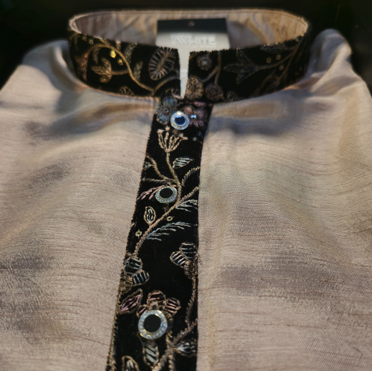 Men’s Light Beige Panjabi with Black Floral Embroidered Placket & Collar – Festive Wear by Simple White (Punjabi BDT 4,990 + Pajama BDT 2,500)_img_2