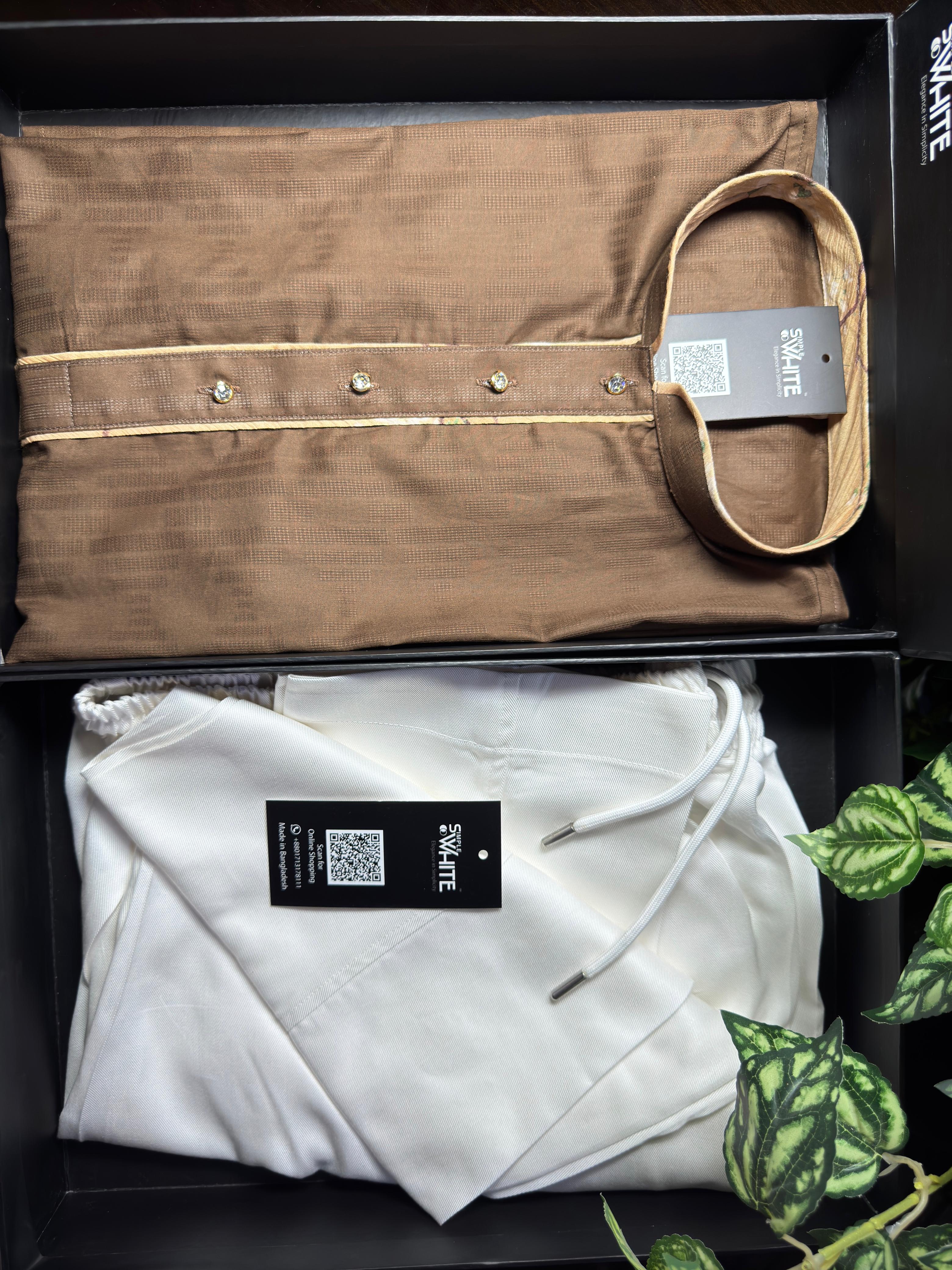 Men’s Chocolate Brown Panjabi with Golden Piping & Button Detailing – Traditional Festive Wear by Simple White (Punjabi BDT 4,990 + Pajama BDT 2,500)_img_1