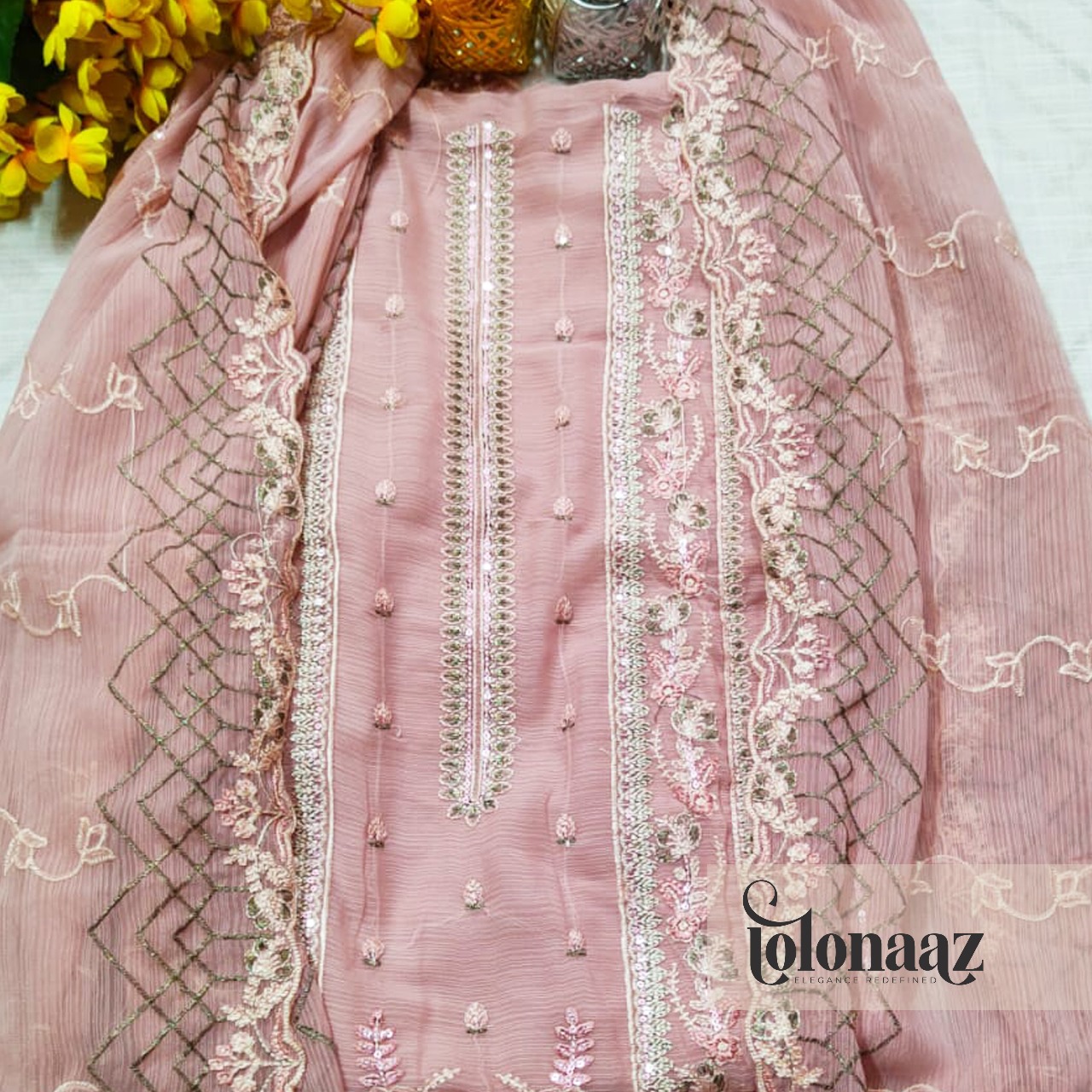 Premium White Gold Indian Unstitched (Light Rose)
