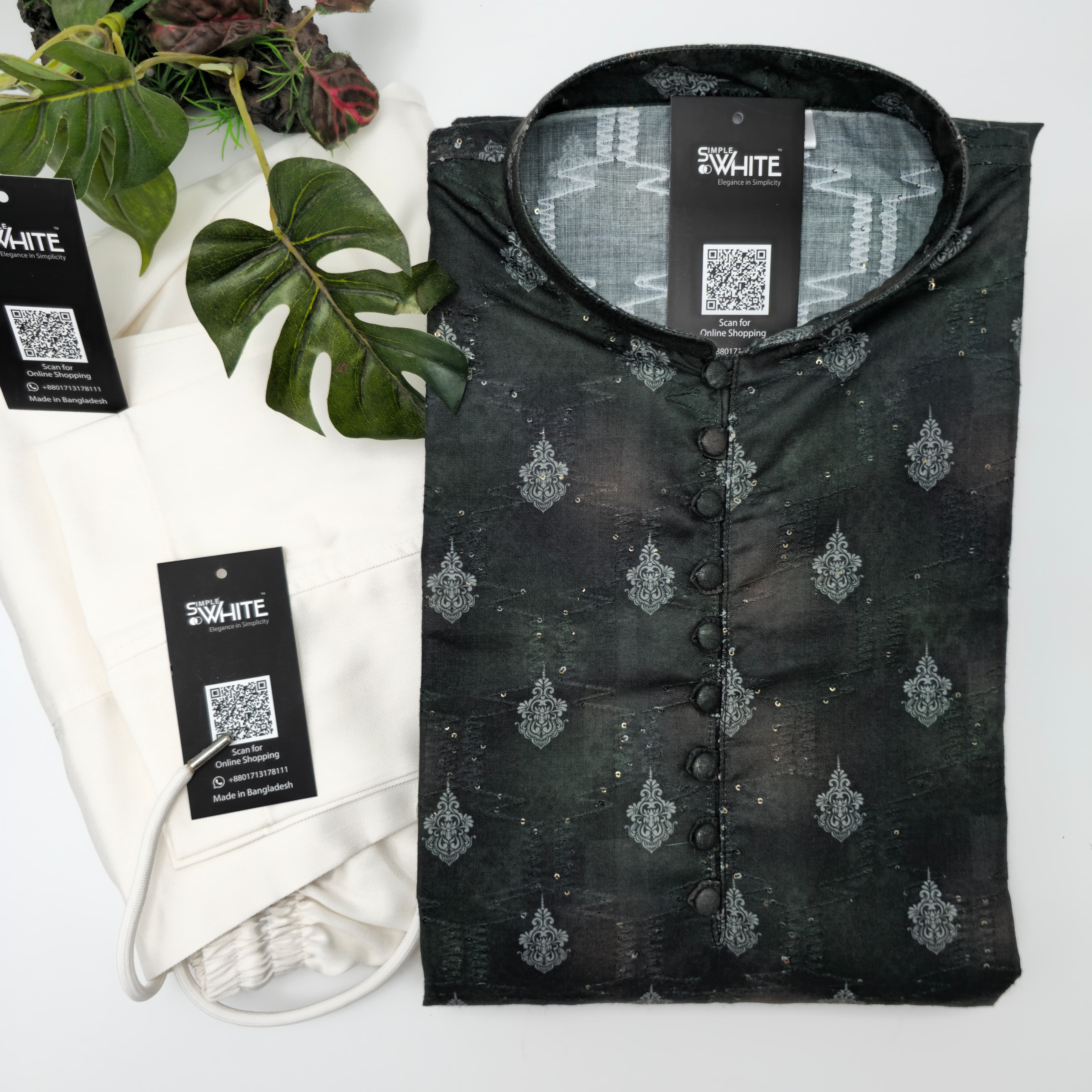 Men’s Black Panjabi with Silver Woven Motifs & Fabric Buttons – Elegant Ethnic Wear by Simple White (Punjabi BDT 4,990 + Pajama BDT 2,500)