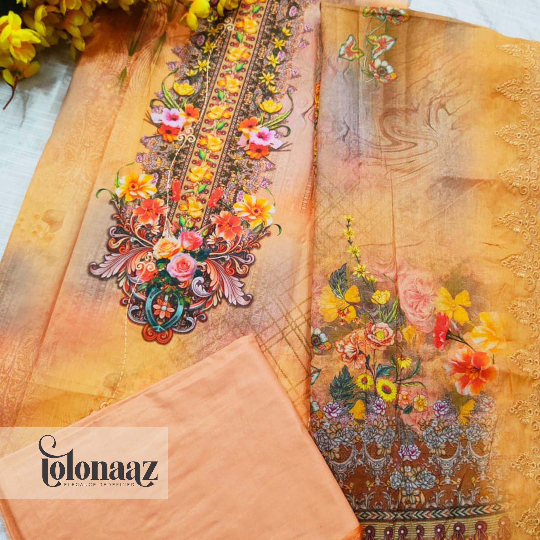 Embroidered lawn with digital print (Orange)