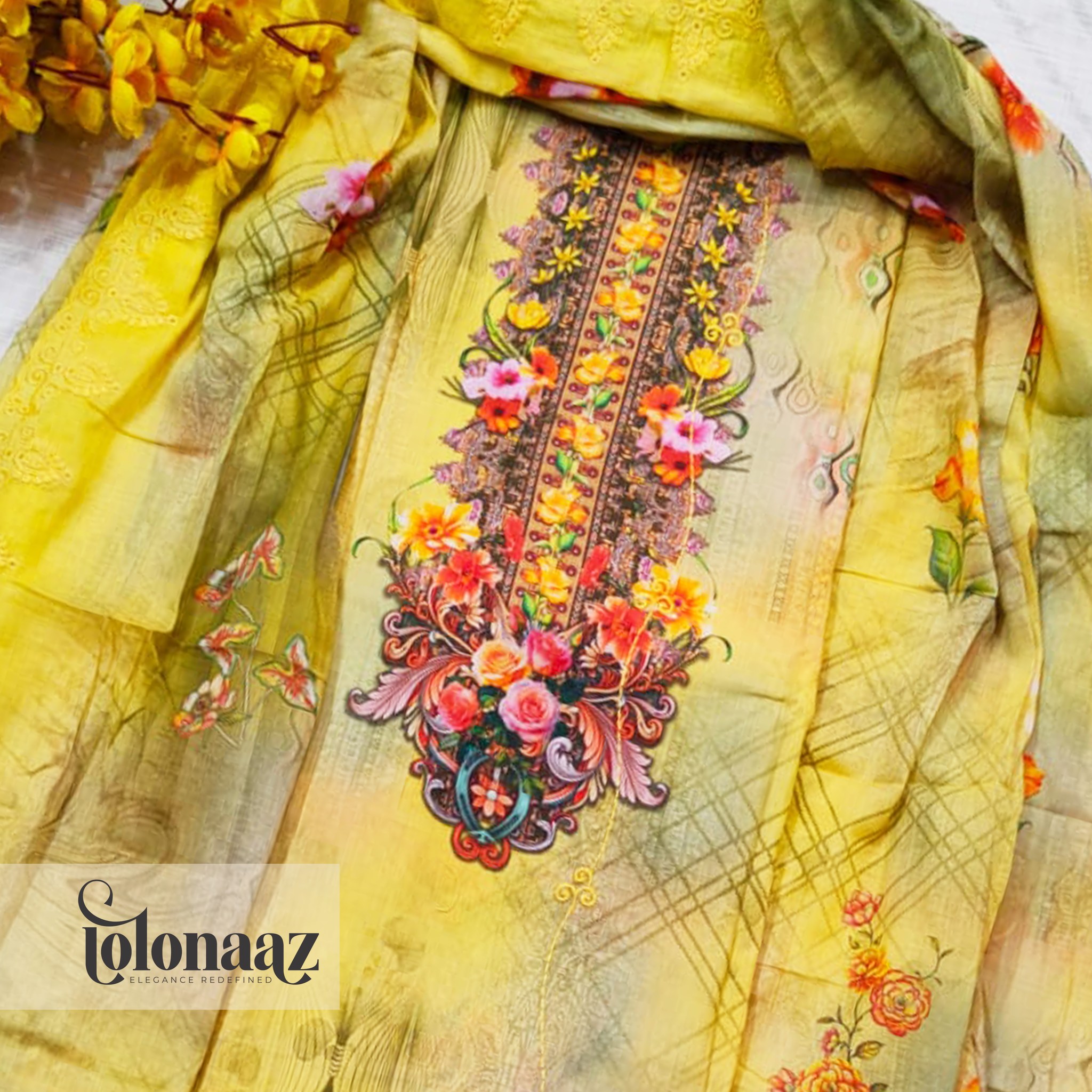 Embroidered lawn with digital print (Yellow)