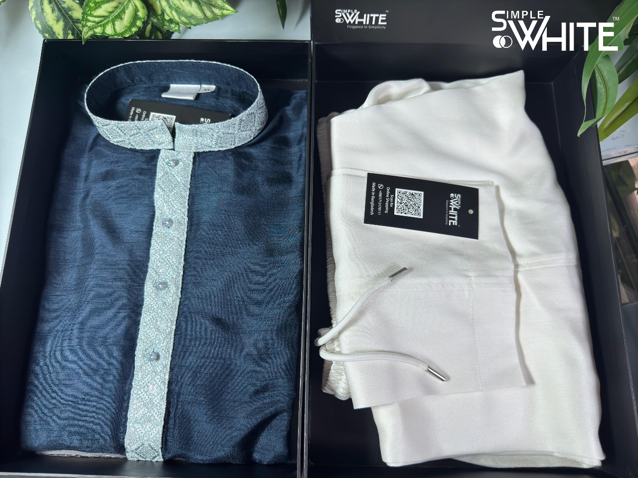 Men’s Navy Blue Panjabi with Light Grey Embroidered Collar & Placket – Traditional Festive Wear by Simple White (Punjabi BDT 4,990 + Pajama BDT 2,500)_img_1