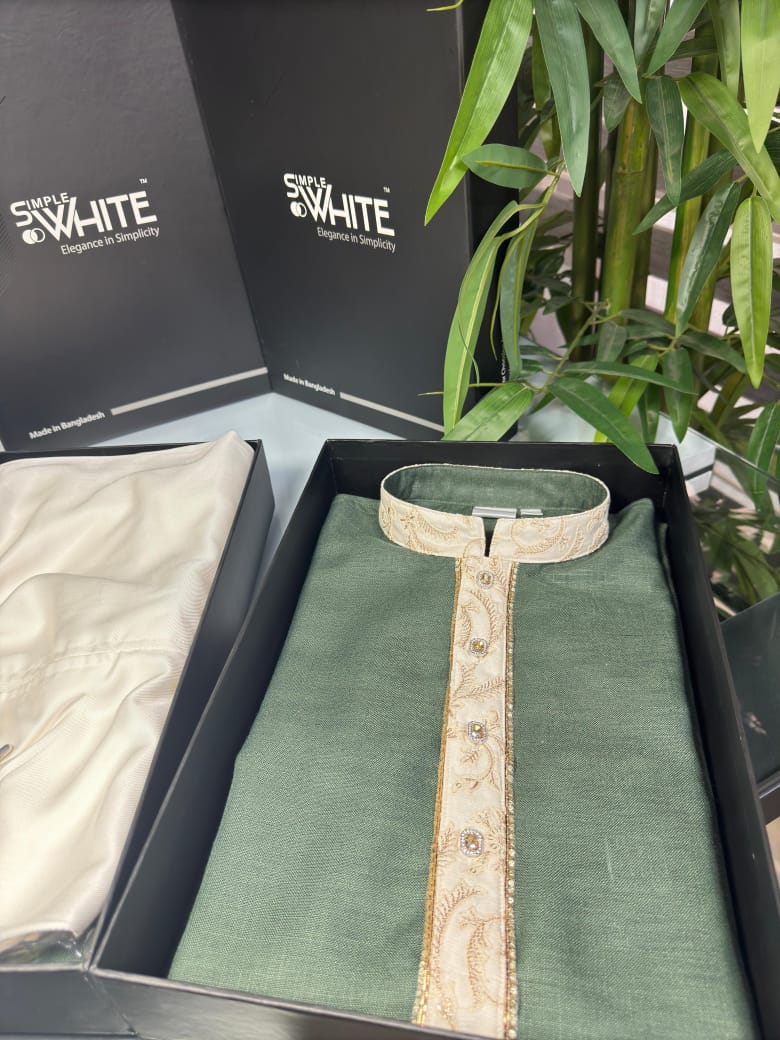 Men’s Dark Green Panjabi with Embroidered Beige Collar & Placket – Elegant Traditional Wear by Simple White (Punjabi BDT 4,990 + Pajama BDT 2,500)_img_1