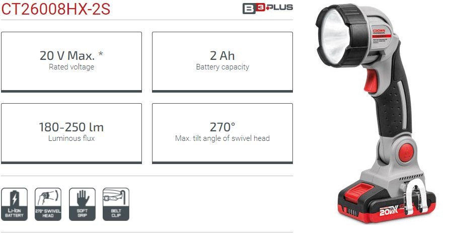 CROWN Cordless Work Light, 20V, 2Ah, LED power: 3w, With Battery And Charger; Model : CT26008_img_2