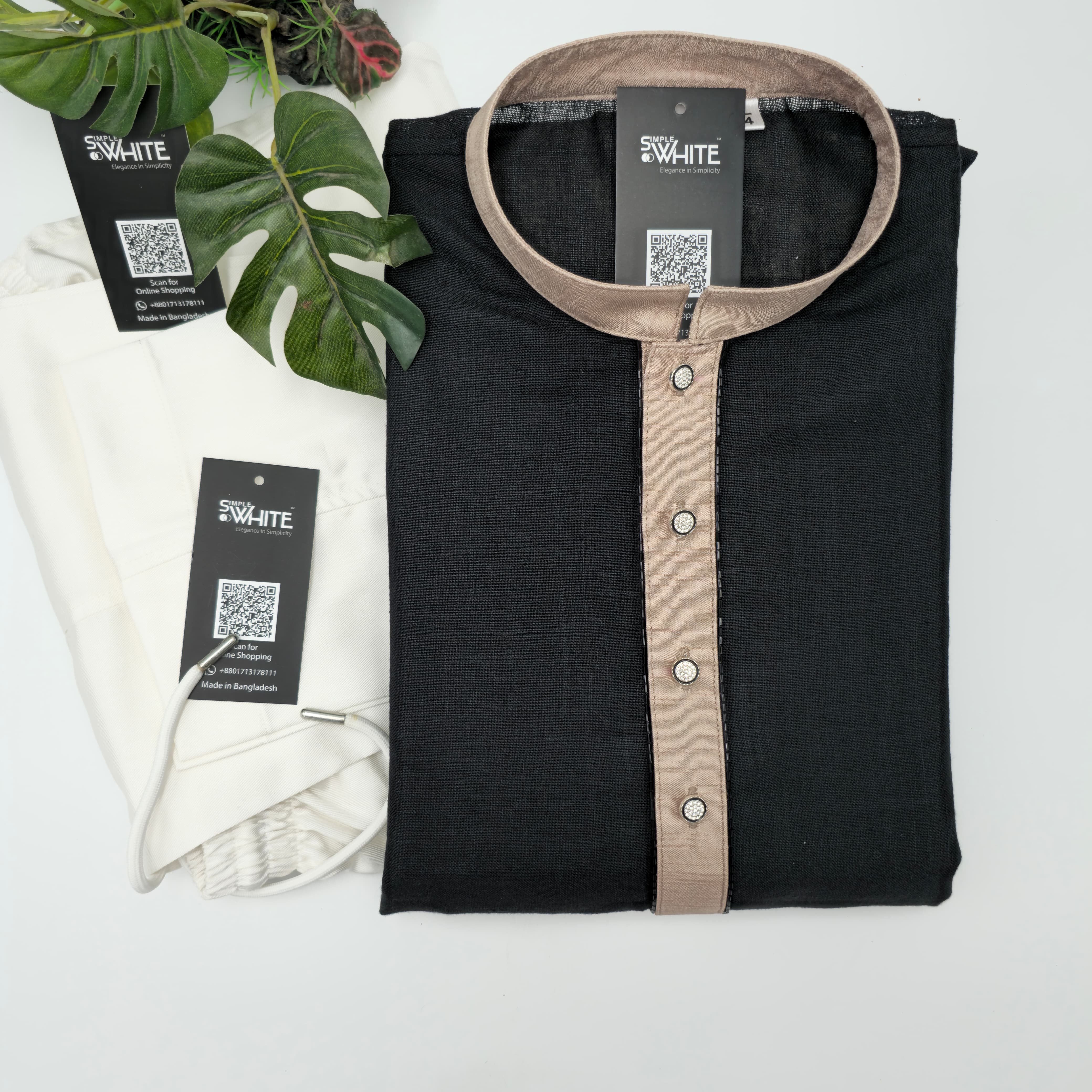 Men’s Black Panjabi with Beige Contrast Collar & Button Placket – Elegant Traditional Wear by Simple White (Punjabi BDT 4,990 + Pajama BDT 2,500)