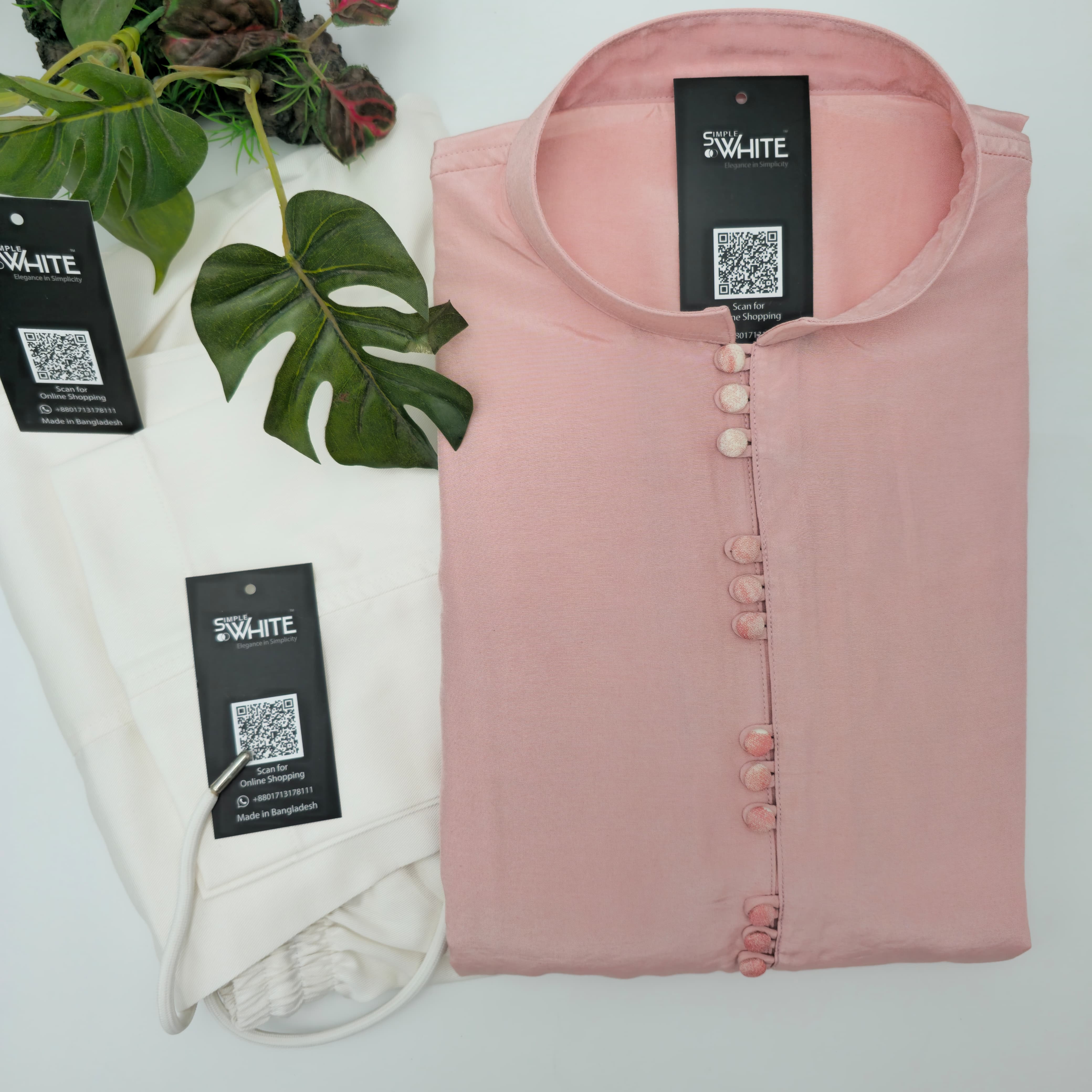 Men’s Light Pink Solid Panjabi with Fabric Buttons – Elegant Traditional Wear by Simple White (Punjabi BDT 4,990 + Pajama BDT 2,500)