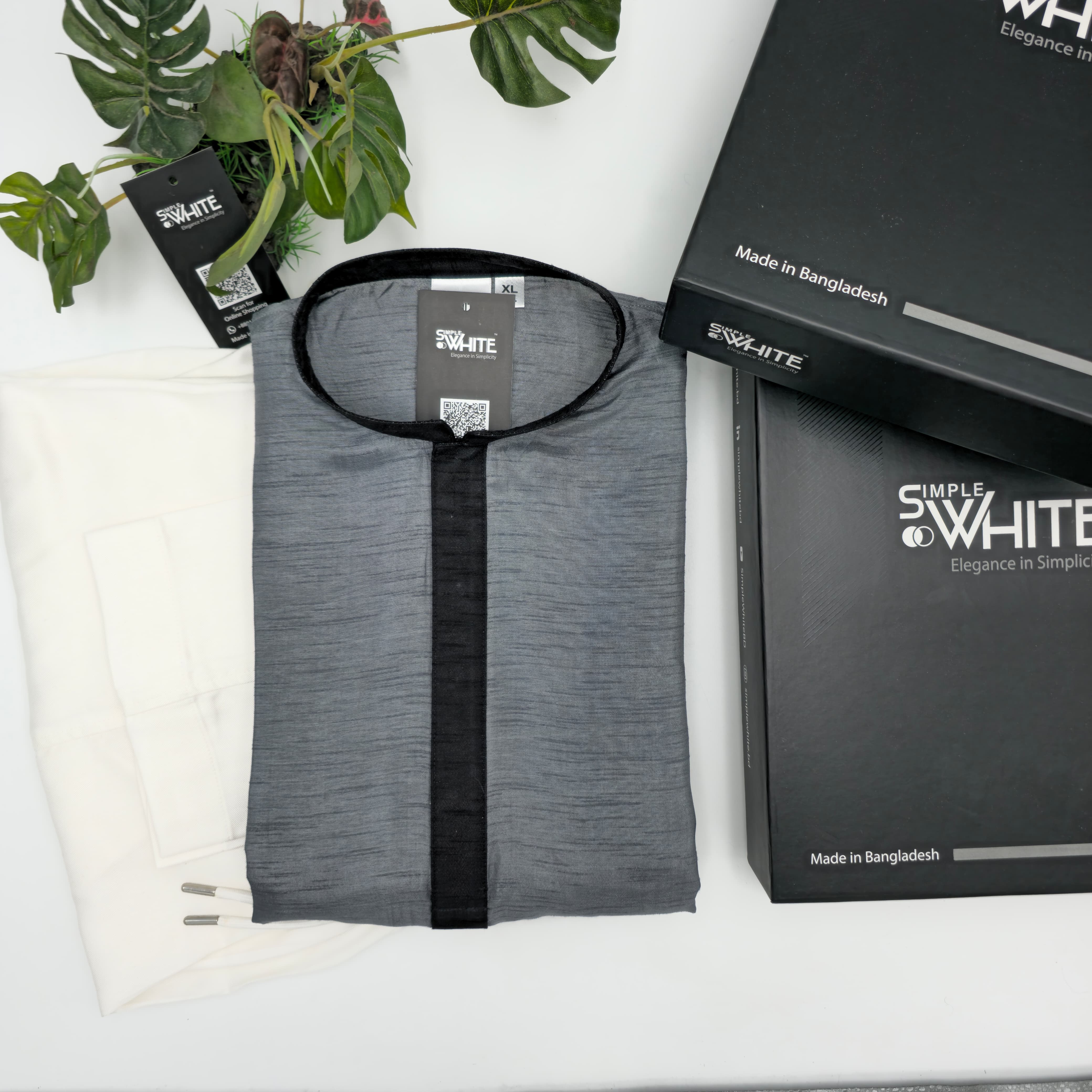 Modern Gray Panjabi with Black Contrast Placket – Minimalist Men’s Ethnic Wear by Simple White (Punjabi BDT 4,990 + Pajama BDT 2,500)