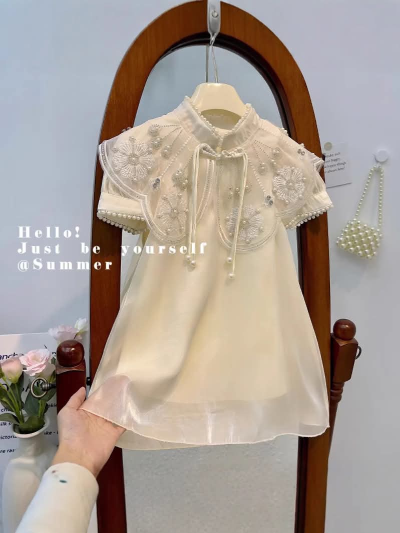 Kids Girls Summer Chinese Style Short Sleeve Pearl Princess Gown Party Dress (1-7 Years)