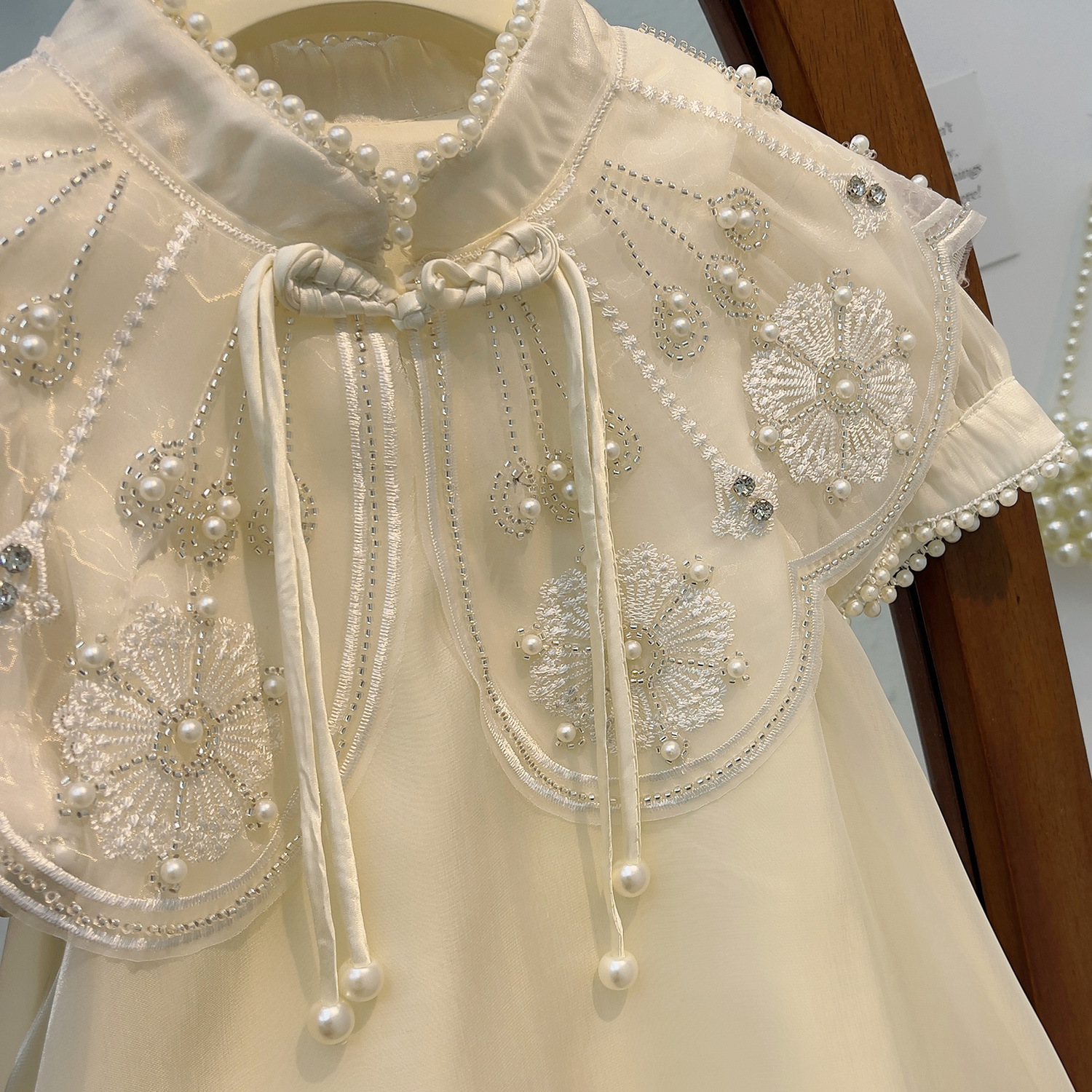Kids Girls Summer Chinese Style Short Sleeve Pearl Princess Gown Party Dress (1-7 Years)_img_1