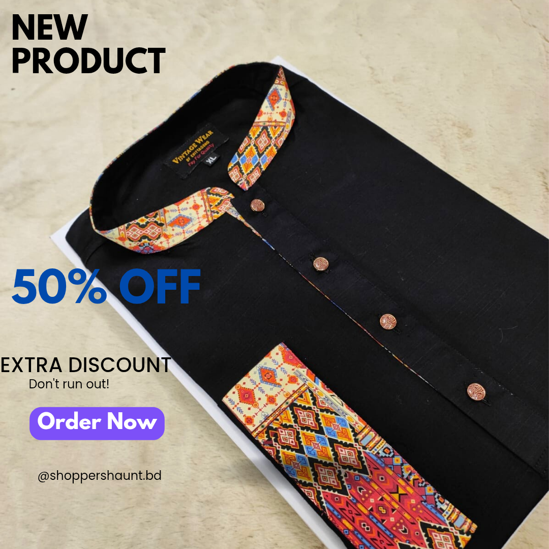 Premium Cotton Trendy Contrast Panjabi for Eid (Black)