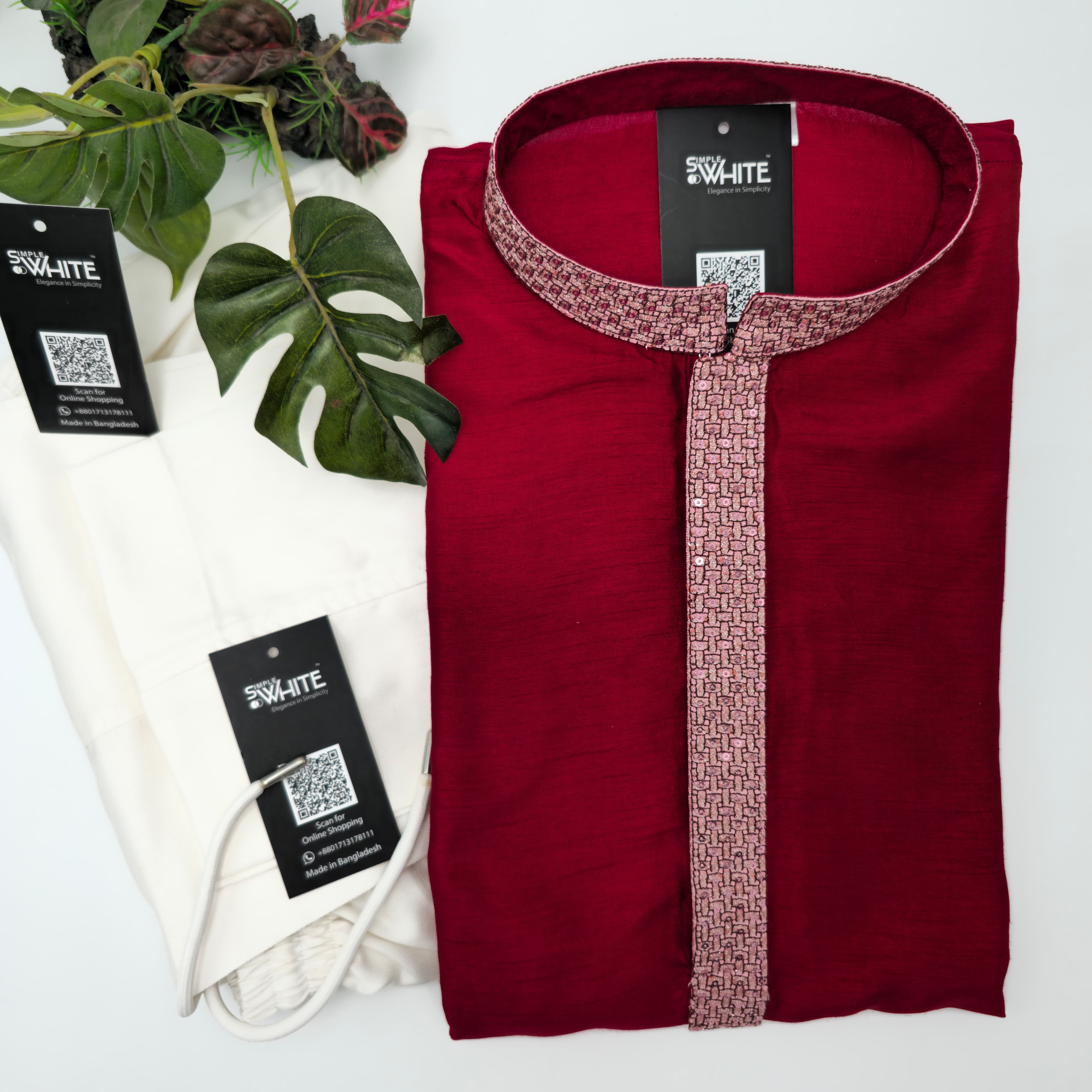 Rich Maroon Panjabi with Contrasting Geometric Placket – Stylish Ethnic Wear by Simple White (Punjabi BDT 4,990 + Pajama BDT 2,500)