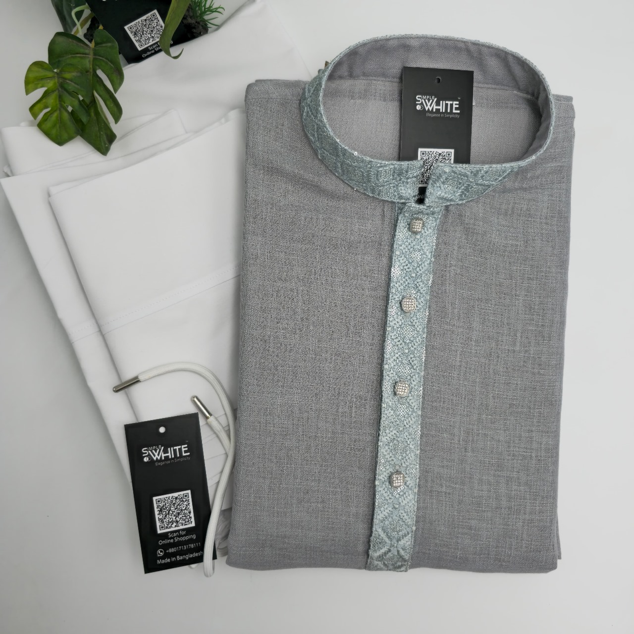 Elegant Light Gray Panjabi with Sky Blue Jacquard Placket – Premium Men’s Ethnic Wear by Simple White (Punjabi BDT 4,990 + Pajama BDT 2,500)_img_0