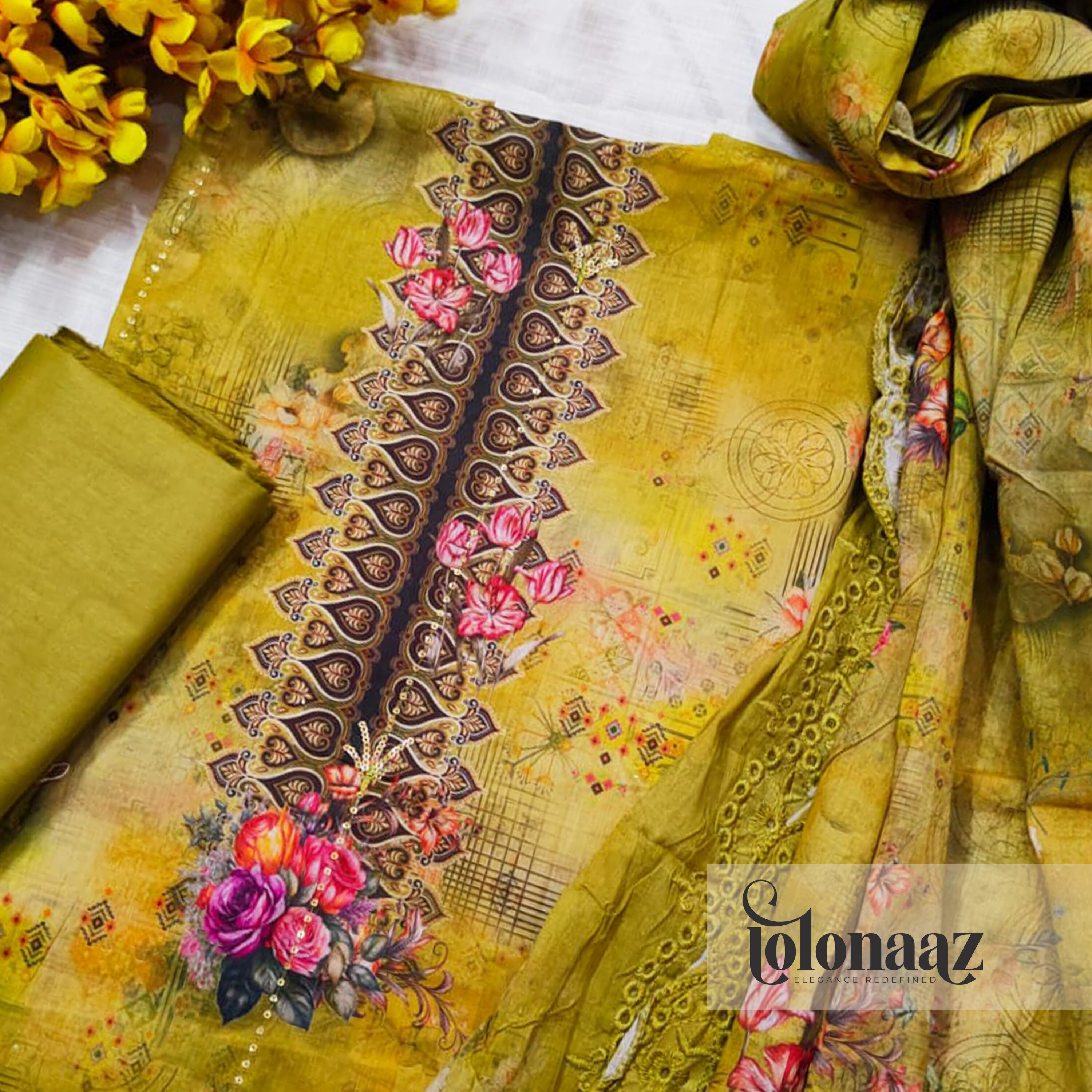 Embroidered Lawn Kameez with Sequence Work (Olive)