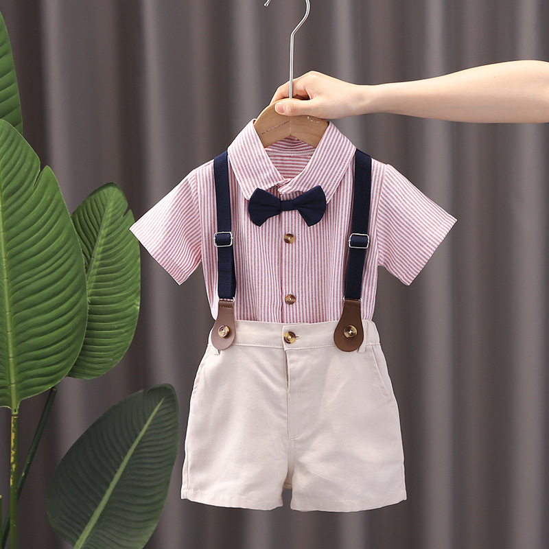 Kids Boys Summer Gentleman Outfit – Bow Tie Shirt & Shorts with Suspenders (6 Months to 5 Years)_img_1