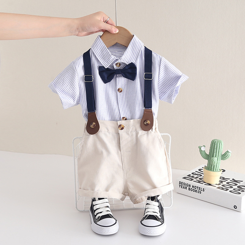 Kids Boys Summer Gentleman Outfit – Bow Tie Shirt & Shorts with Suspenders (6 Months to 5 Years)