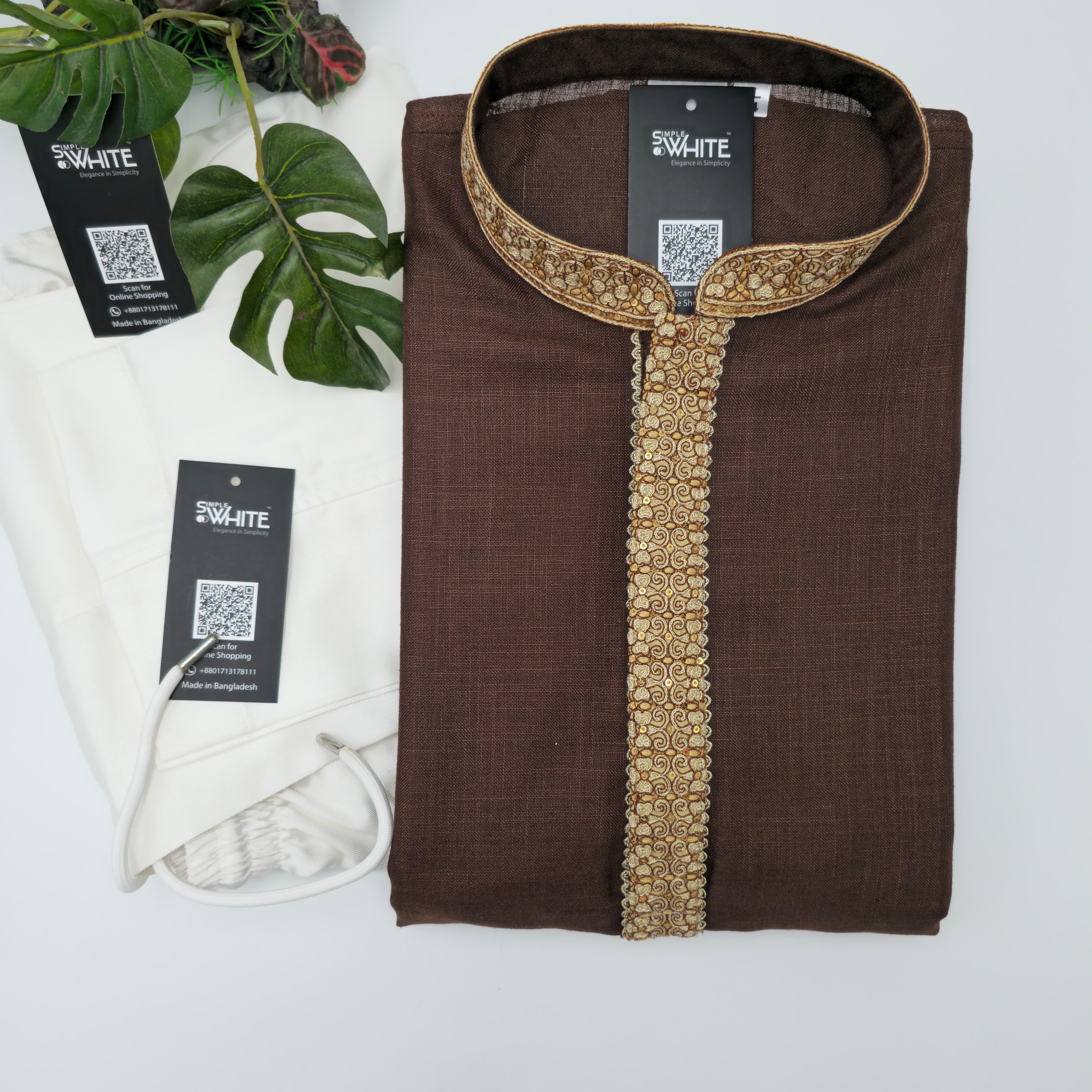 Men’s Brown Panjabi with Golden Embroidered Collar & Placket – Elegant Traditional Attire by Simple White (Punjabi BDT 4,990 + Pajama BDT 2,500)