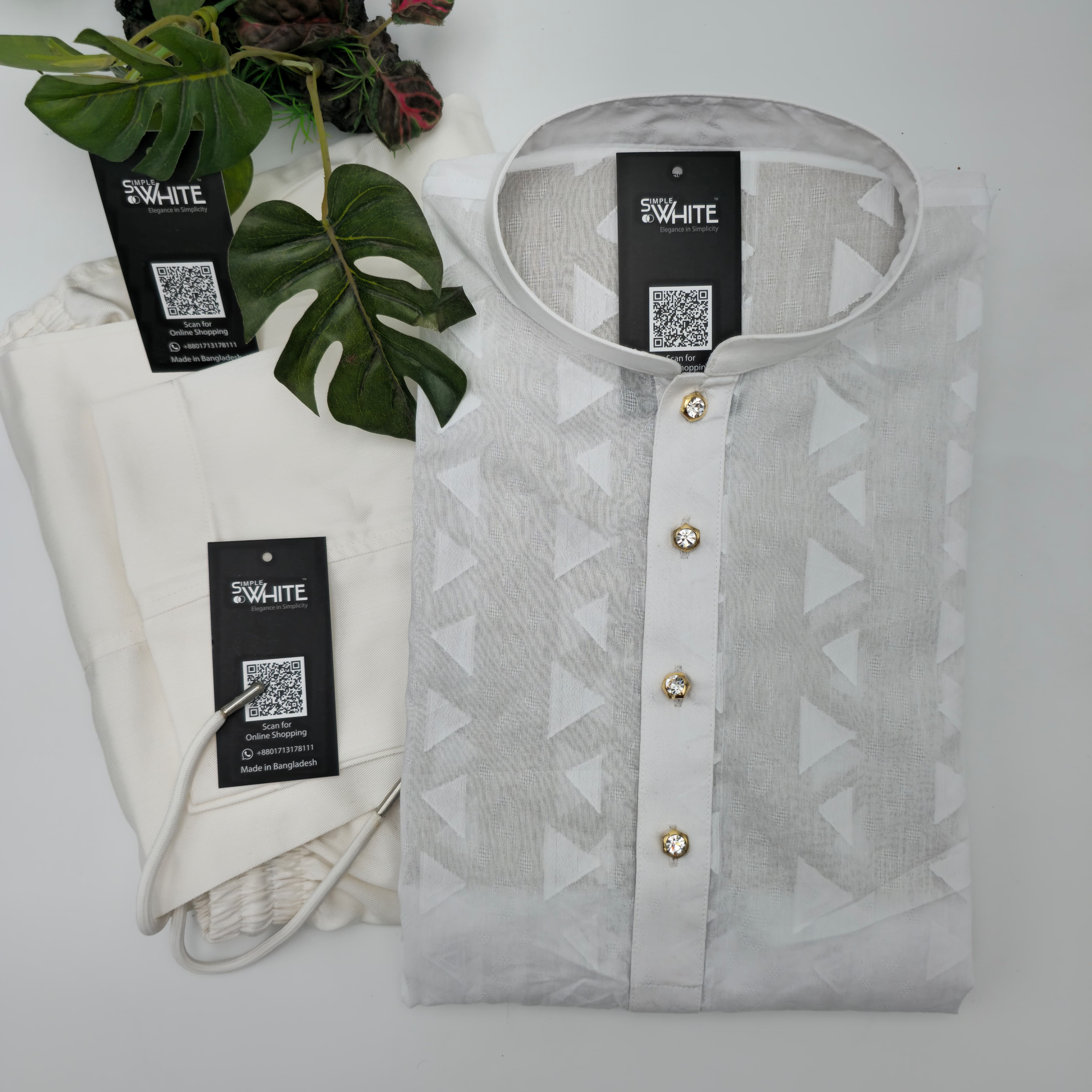 Men’s White Panjabi with Textured Geometric Pattern & Gold Buttons – Festive Wear by Simple White (Punjabi BDT 4,990 + Pajama BDT 2,500)