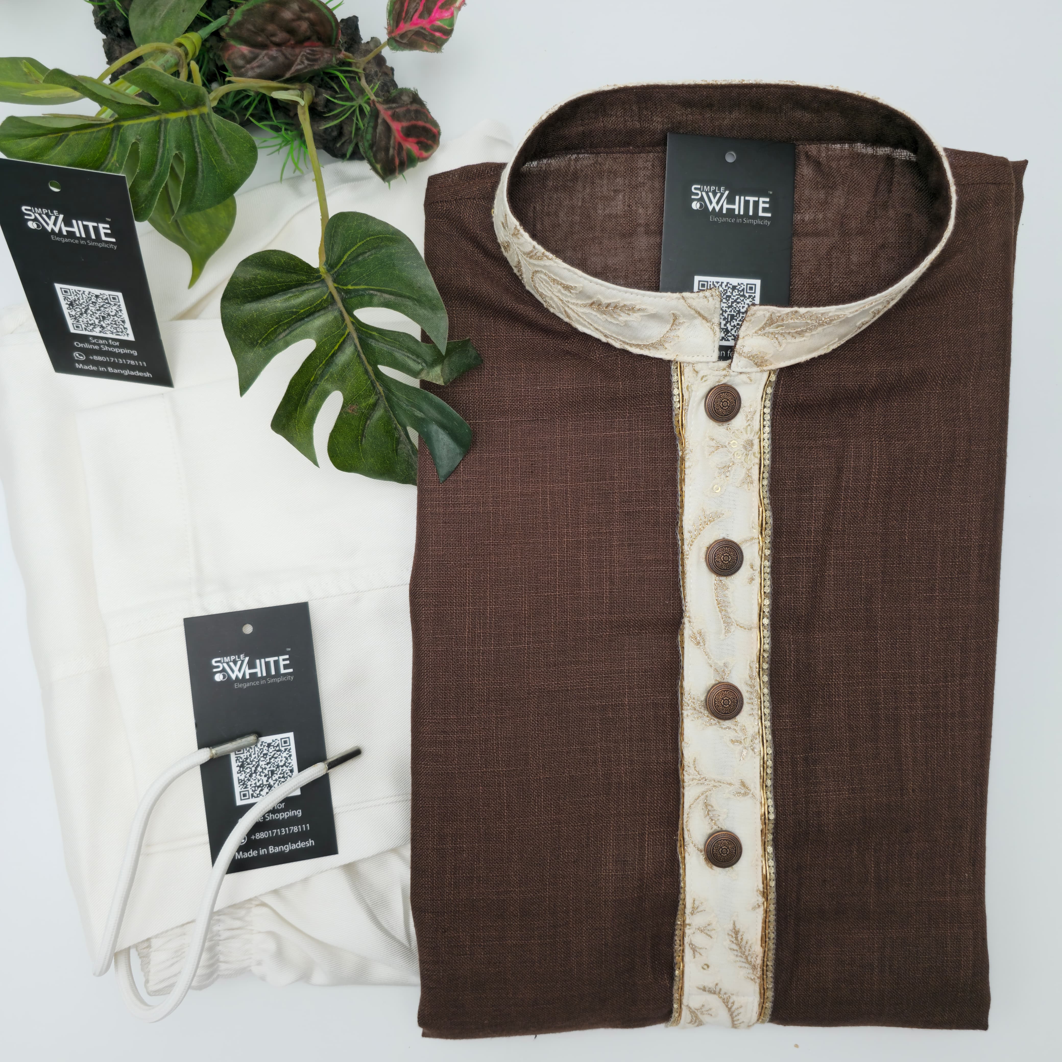 Men’s Brown Panjabi with Ivory Embroidered Collar & Button Placket – Traditional Ethnic Wear by Simple White (Punjabi BDT 4,990 + Pajama BDT 2,500)