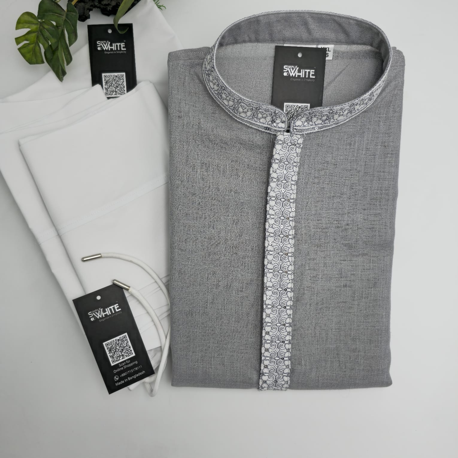 Men’s Elegant Grey Panjabi with Embroidered Placket – Traditional Ethnic Wear by Simple White (Punjabi BDT 4,990 + Pajama BDT 2,500)