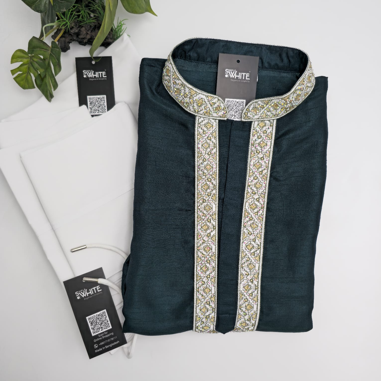 Men’s Dark Green Embroidered Panjabi with Traditional Collar – Ethnic Festive Wear by Simple White (Punjabi BDT 4,990 + Pajama BDT 2,500)