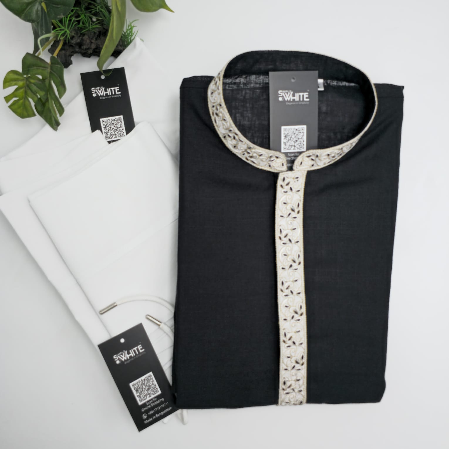 Men’s Black Panjabi with Cream Embroidered Placket & Collar – Elegant Traditional Wear by Simple White (Punjabi BDT 4,990 + Pajama BDT 2,500)