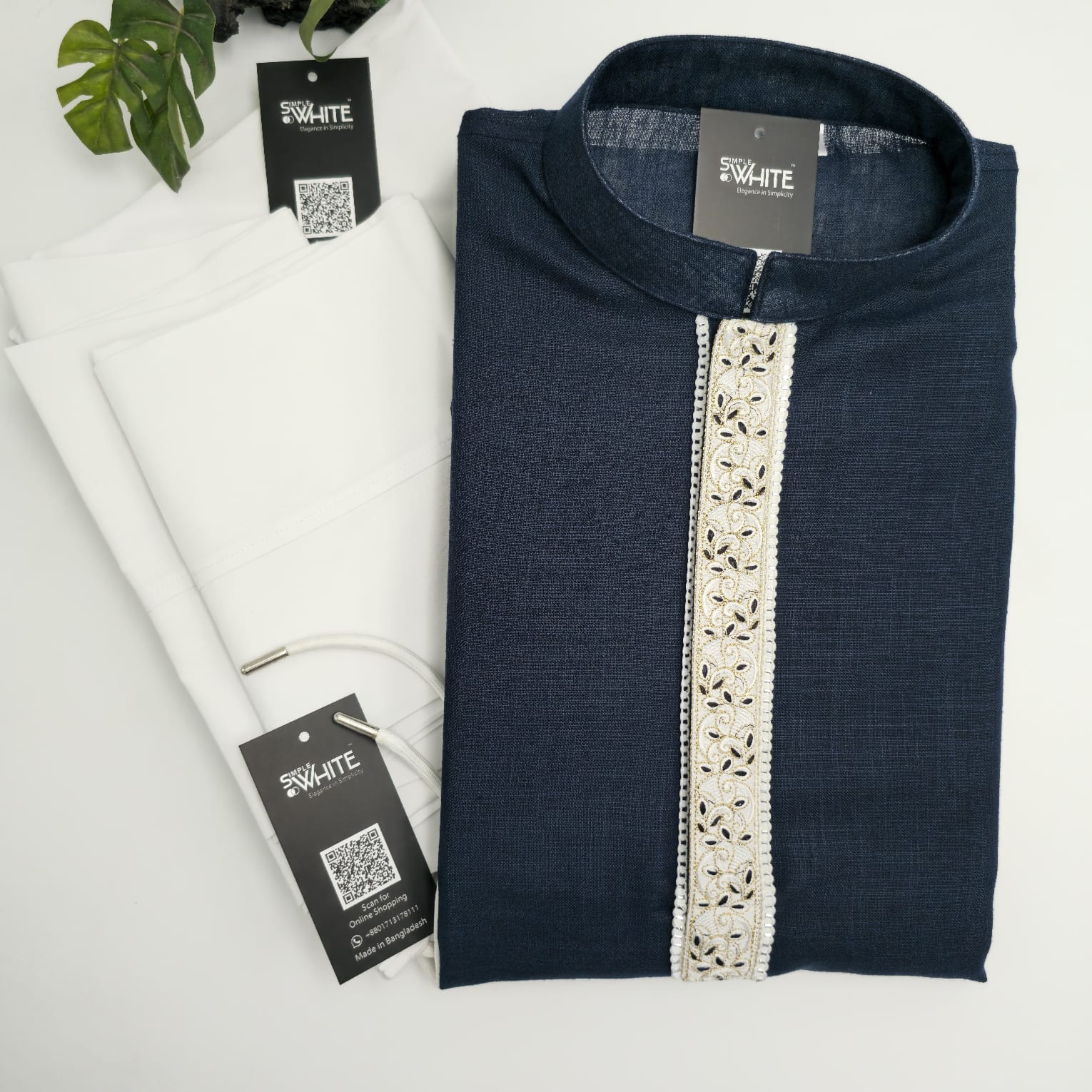 Men’s Navy Blue Panjabi with Cream Embroidered Placket – Stylish Traditional Attire by Simple White (Punjabi BDT 4,990 + Pajama BDT 2,500)