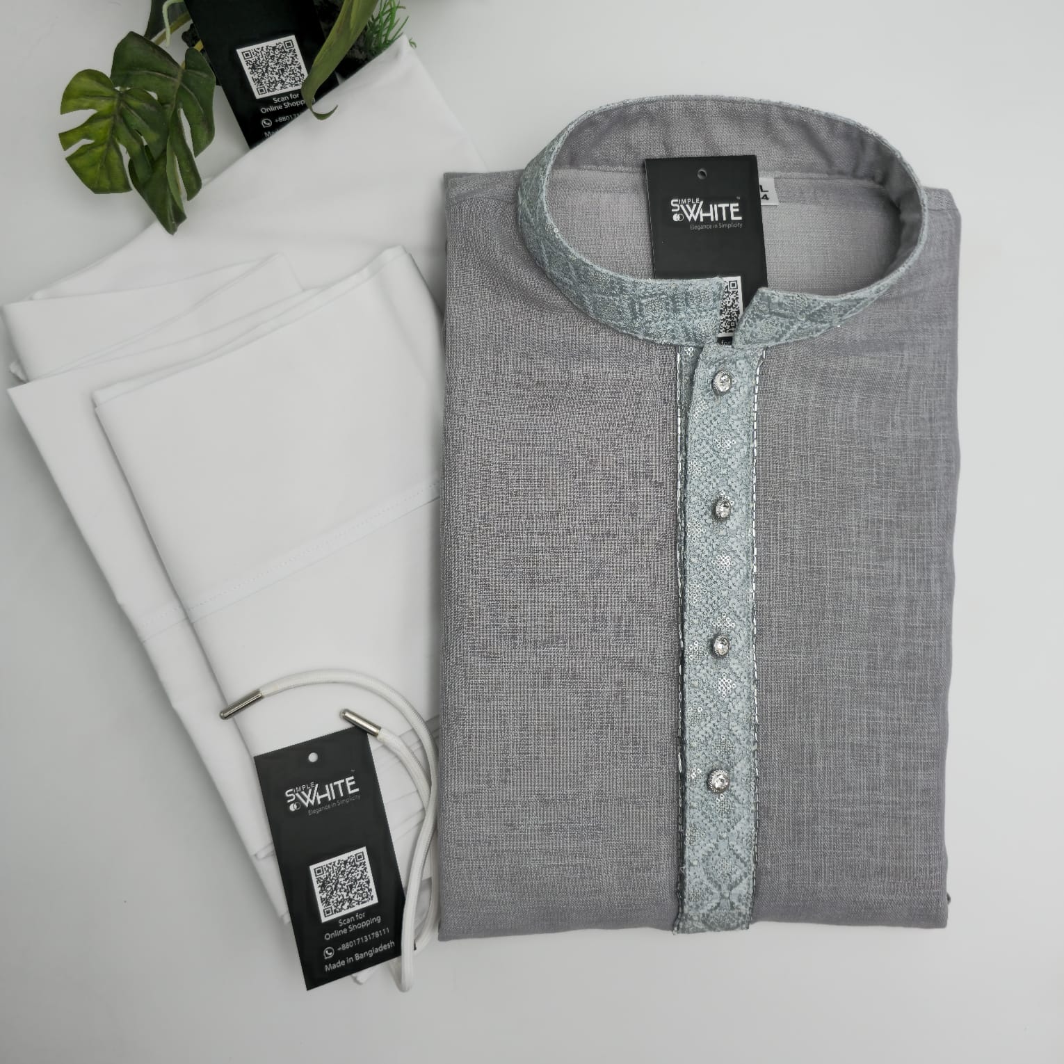 Light Grey Panjabi with Sky Blue Embroidered Placket – Elegant Festive Wear for Men by Simple White (Punjabi BDT 4,990 + Pajama BDT 2,500)