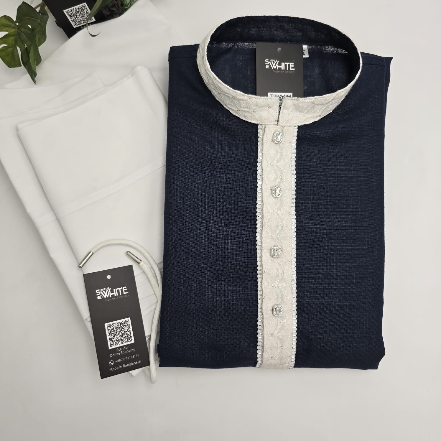 Navy Blue Panjabi with White Embroidered Placket – Premium Festive Wear by Simple White (Punjabi BDT 4,990 + Pajama BDT 2,500)