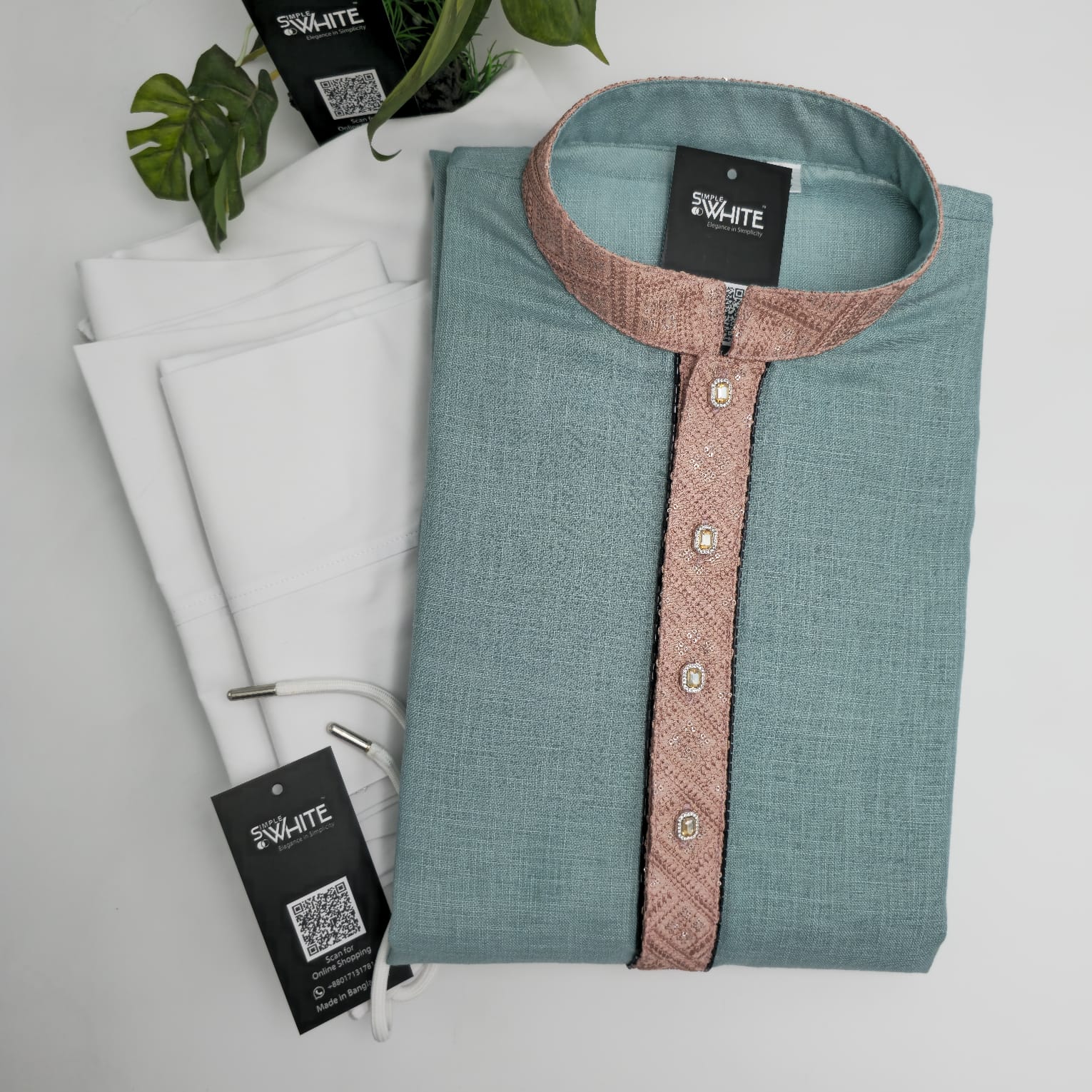 Light Teal Panjabi with Peach Contrast Collar – Elegant Traditional Wear by Simple White (Punjabi BDT 4,990 + Pajama BDT 2,500)