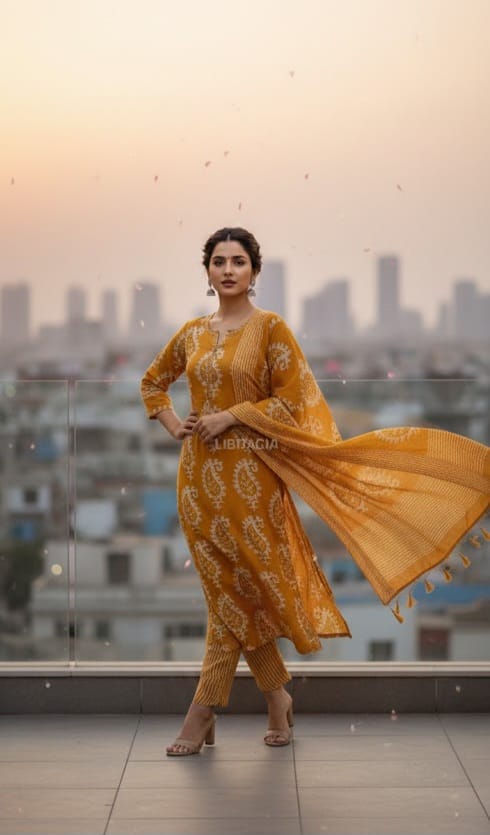 Mustard HandScreen  Cotton Kurta Set thumbnail 3