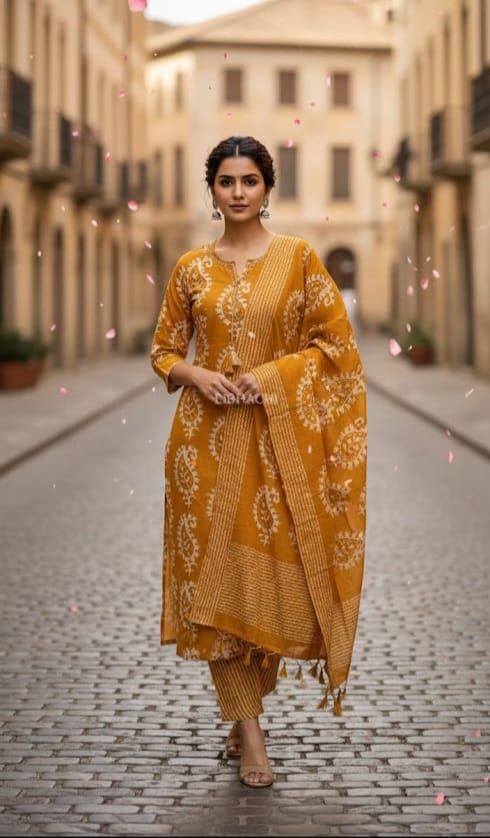 Mustard HandScreen  Cotton Kurta Set thumbnail 7