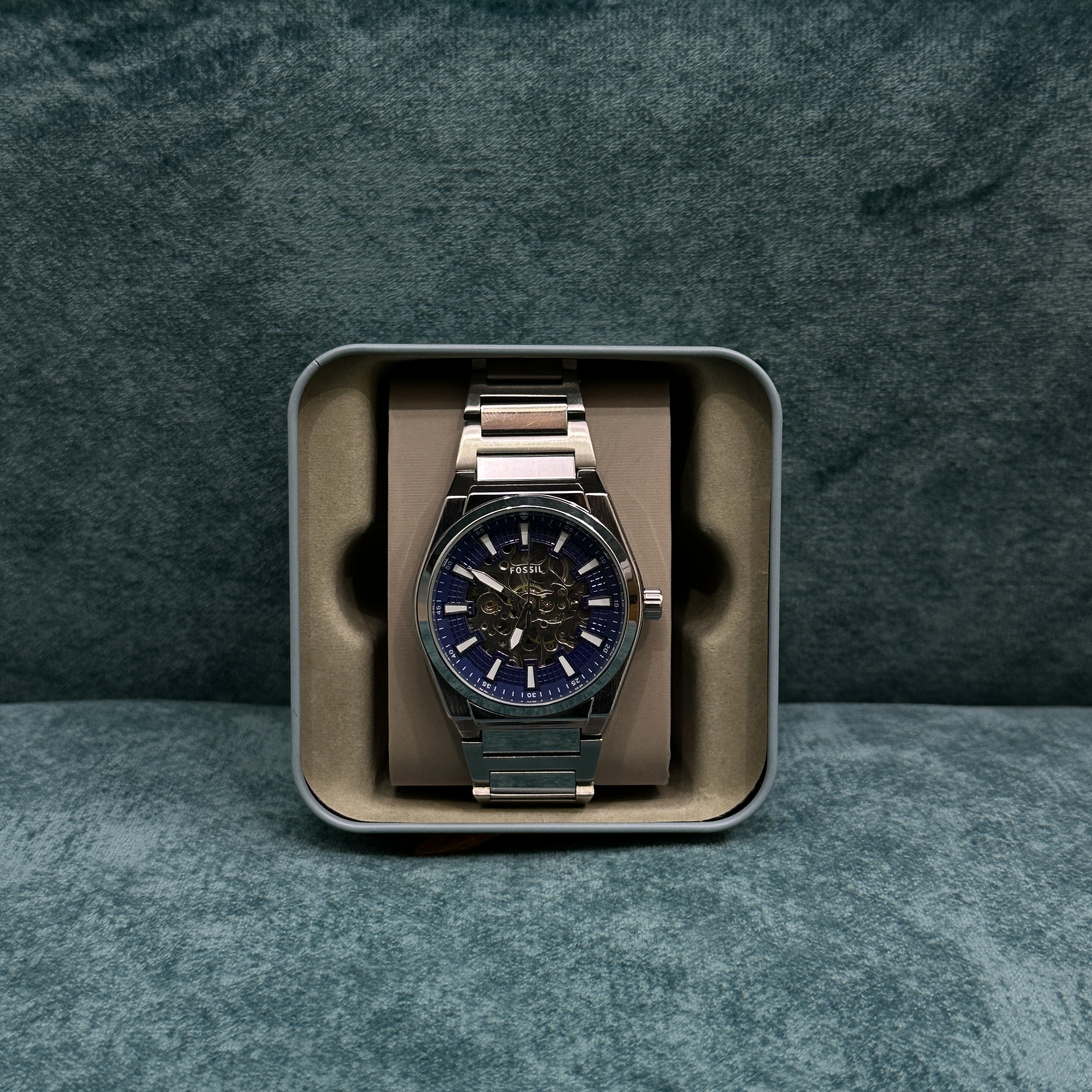 Fossil Everett ME3220 Automatic Skeleton Exposed Silver Chain - Blue Dial_img_3