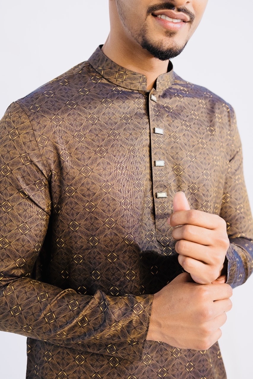 Jacquard Cotton Classic Panjabi for Men-Brown (PJB-014)