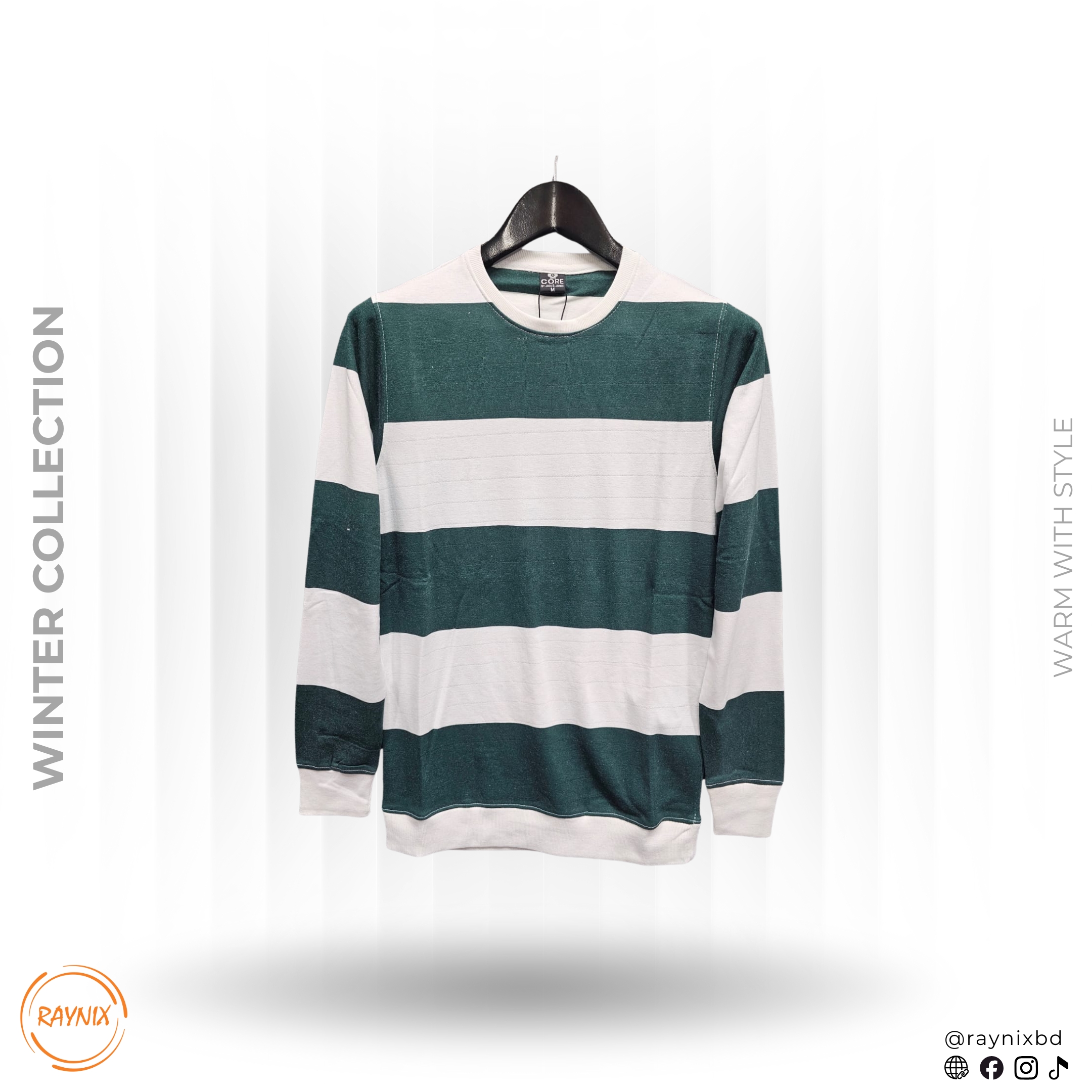 CORE Winter Collection Wide Stripe Crewneck – Emerald Green & White