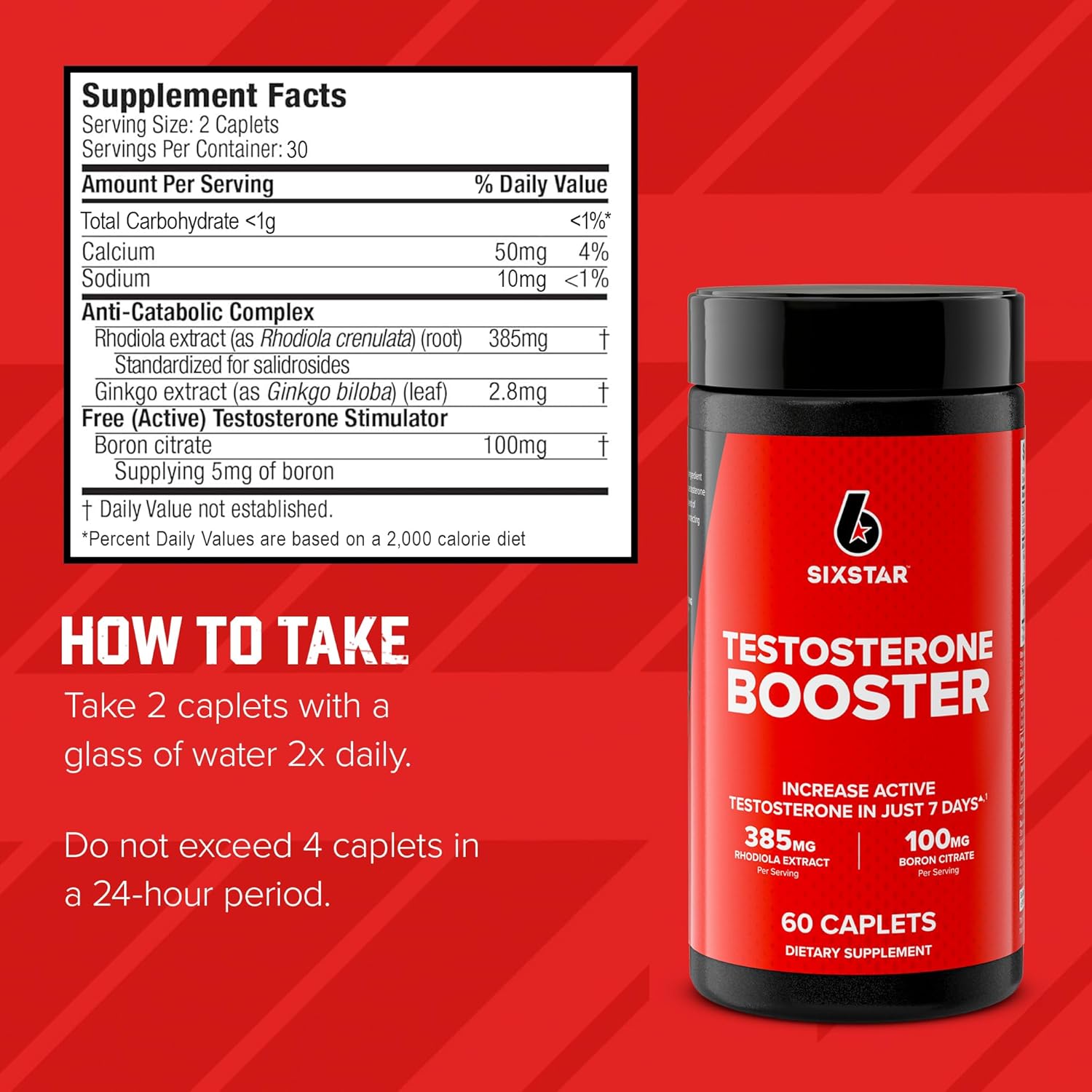 SixStar Testosterone Booster Stamina & Energy - 60 Caplets - Made in USA_img_1