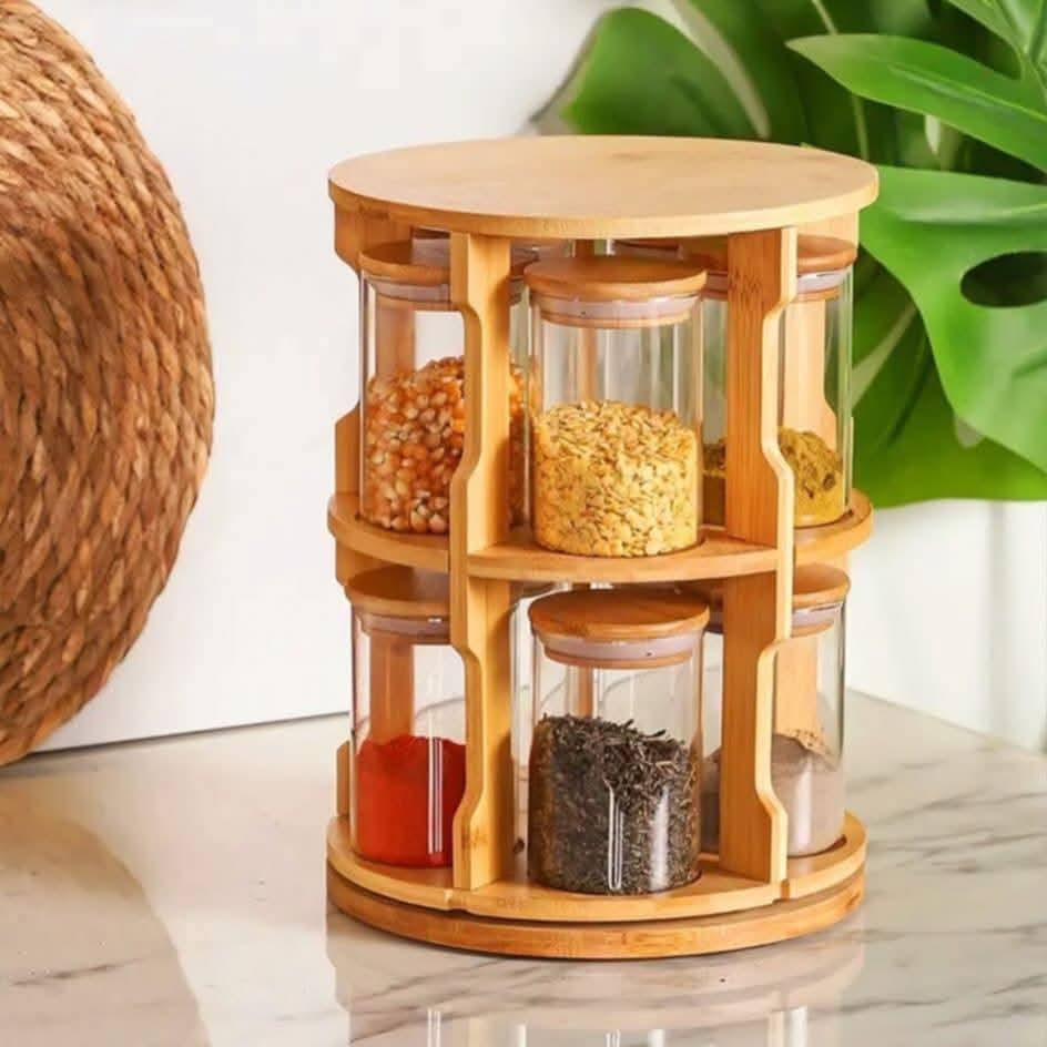 Revolving Wooden Spice Rack with Glass Jars!