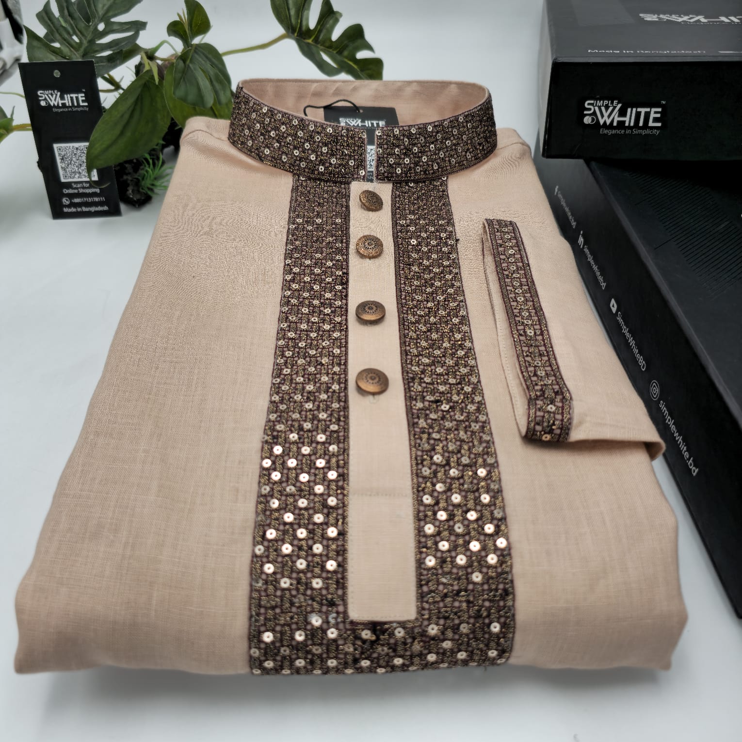 Men’s Light Peach Panjabi with Brown Sequin Embellished Placket & Collar – Festive & Party Wear by Simple White (Punjabi BDT 4,990 + Pajama BDT 2,500)
