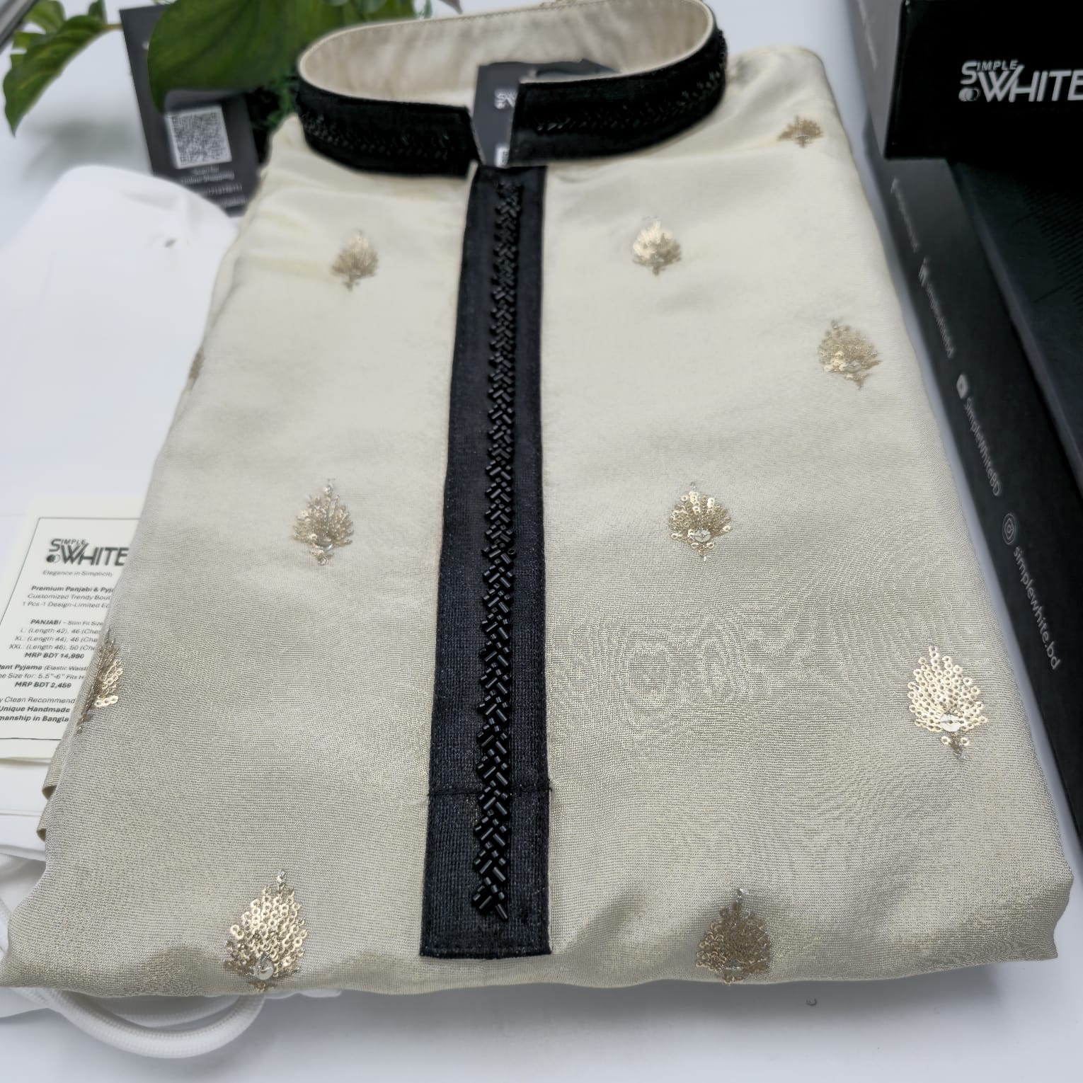 Men’s Cream Panjabi with Golden Motifs & Black Embroidered Placket – Festive & Wedding Wear by Simple White (Punjabi BDT 4,990 + Pajama BDT 2,500)