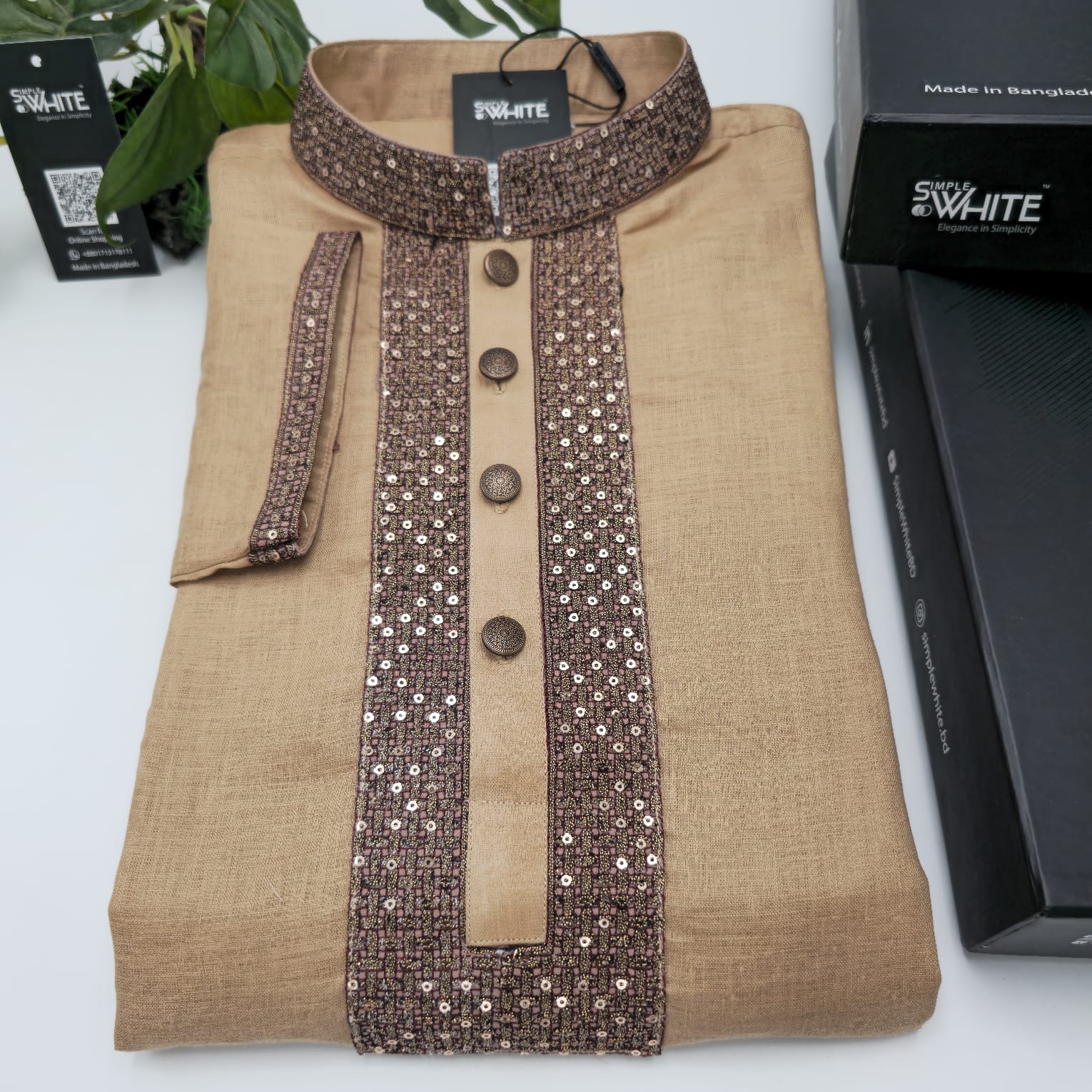 Men’s Golden Brown Panjabi with Heavy Sequin Embellished Placket & Collar – Festive Wear by Simple White (Punjabi BDT 4,990 + Pajama BDT 2,500)