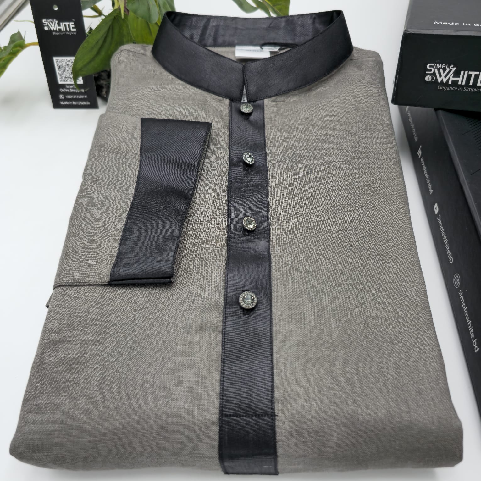 Men’s Grey Panjabi with Black Contrast Collar & Placket – Modern Festive Wear by Simple White (Punjabi BDT 4,990 + Pajama BDT 2,500)
