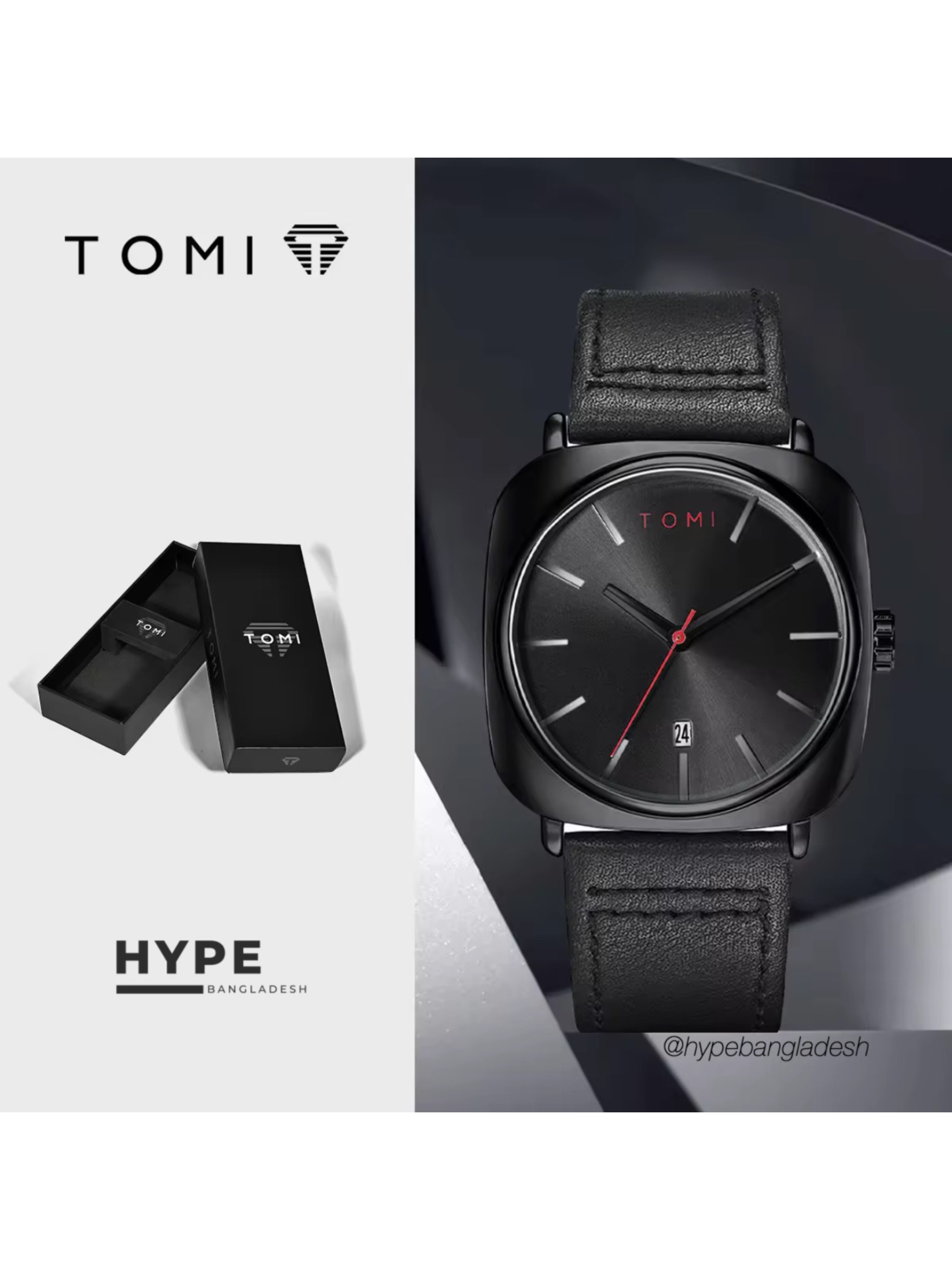 TOMI T-084 Men's Leather Belt Quartz Watch With Date (Full Black)