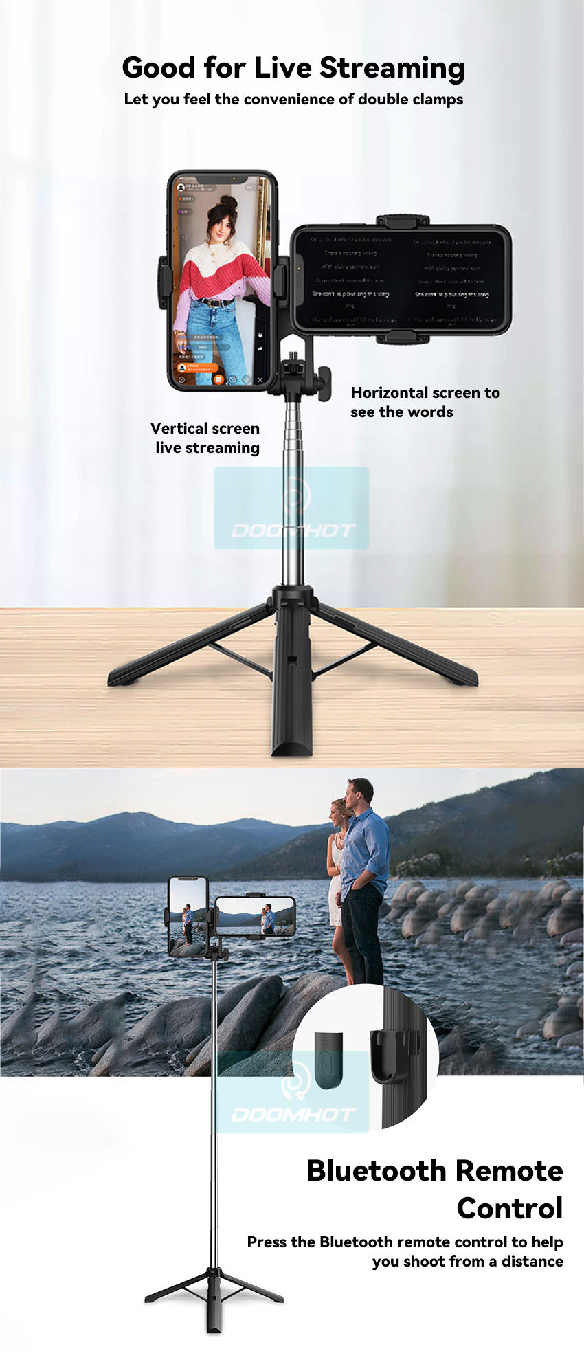 DoomHot Selfie Stick / Accessories Bluetooth Remote Dual Cell Phone Holder_img_4