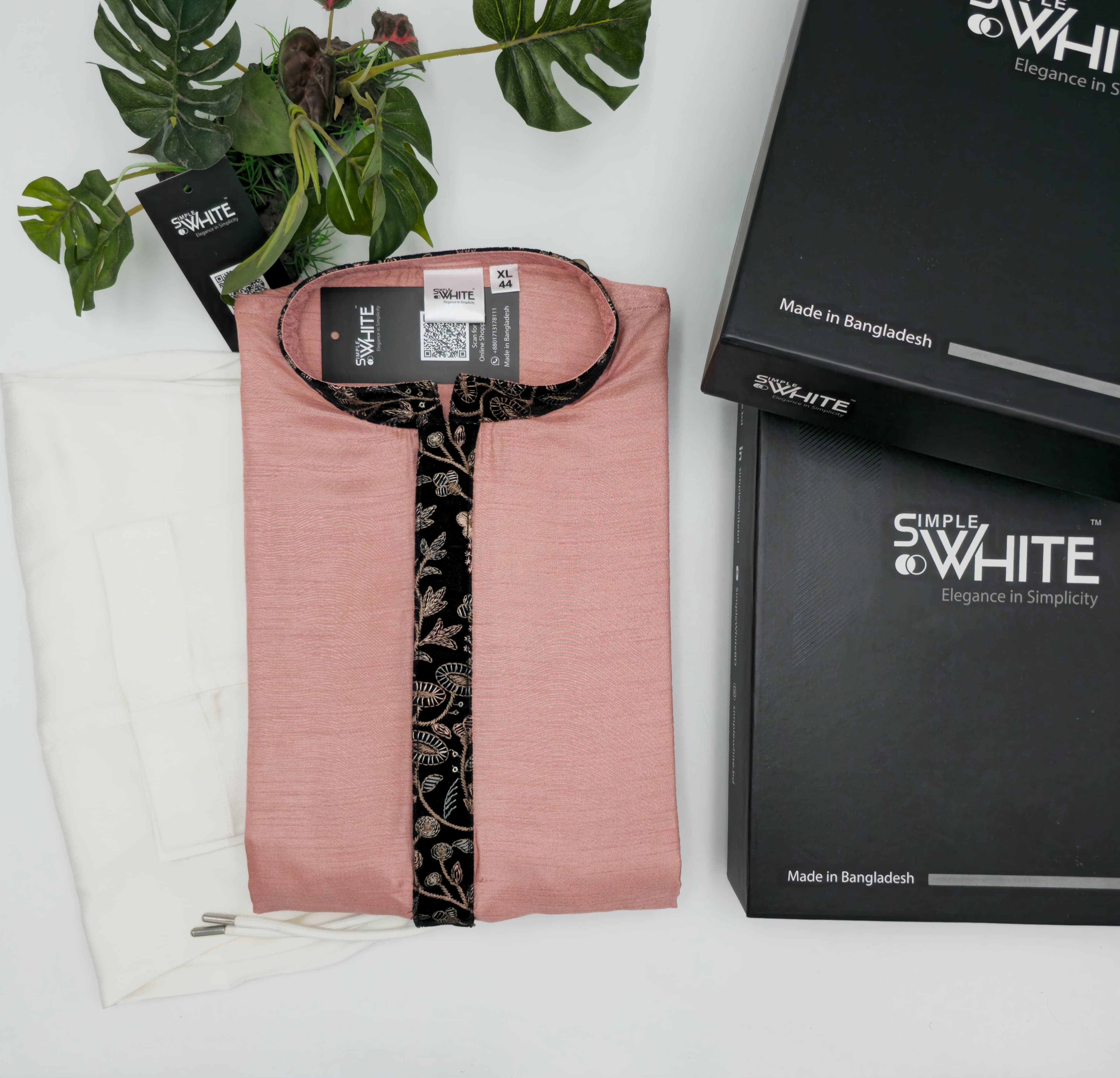 Rose Pink Panjabi with Black Embroidered Placket – Elegant Men’s Ethnic Wear by Simple White (Punjabi BDT 4,990 + Pajama BDT 2,500)